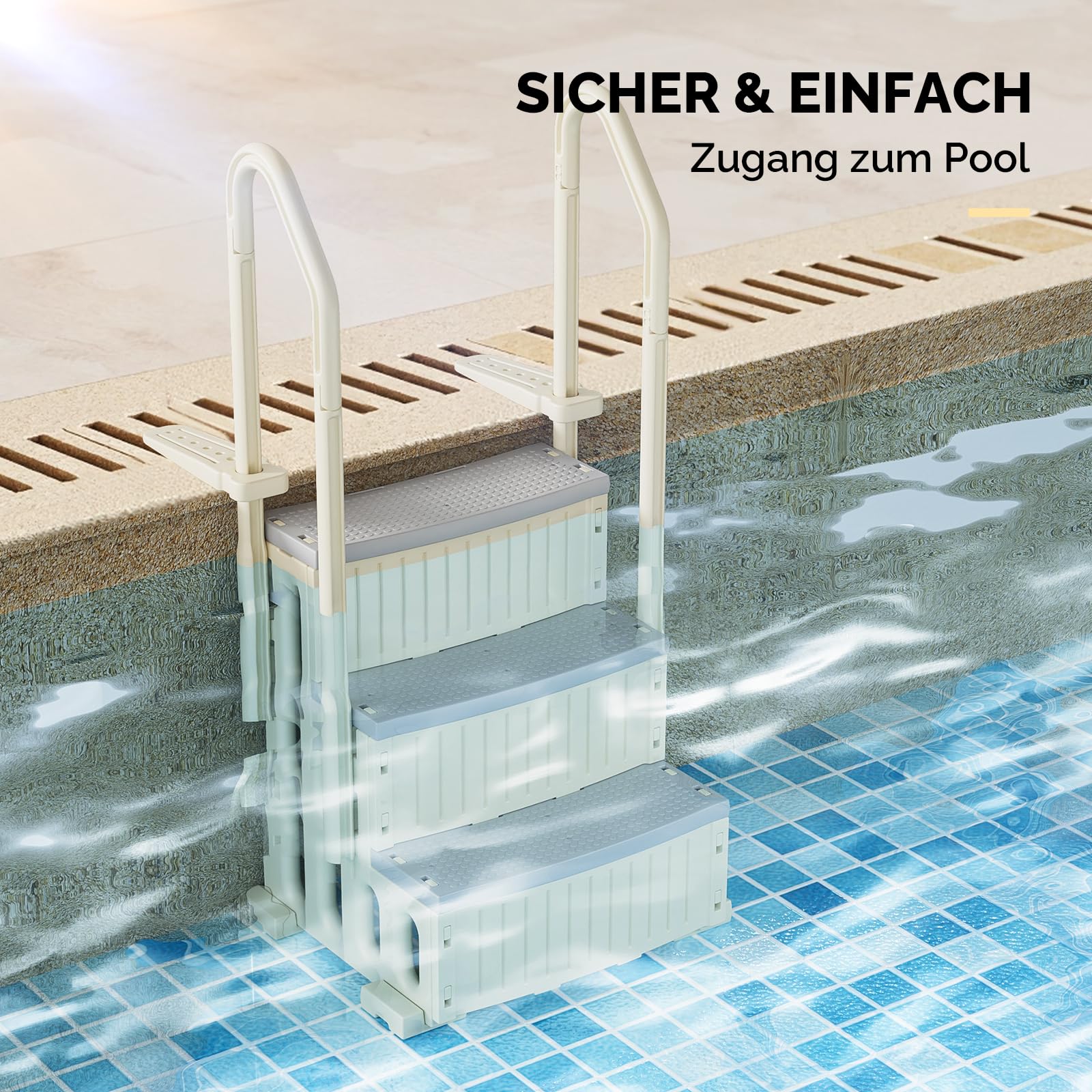 Bonnlo Poolleiter, Pooltreppe aus Kunststoff, mit rutschfesten Streifen und Handläufen, 3-stufig, bis 180 kg belastbar, für Oberirdische/Einbaupools, Weiß und Grau