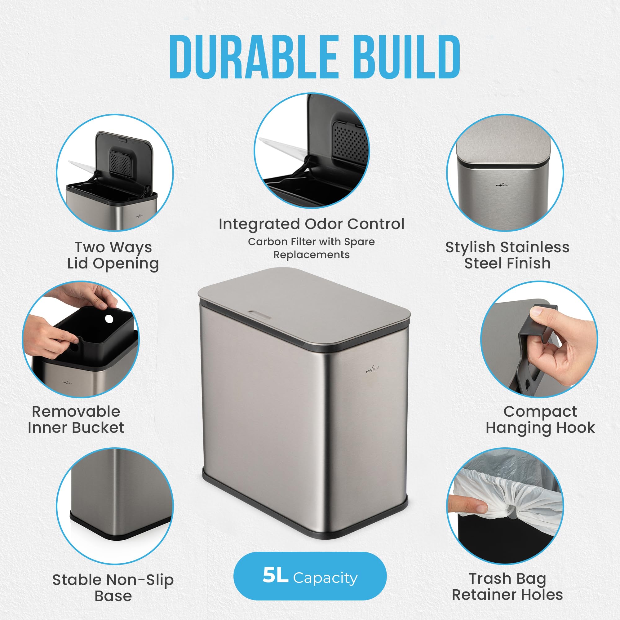 Red Factor - Cubo de basura de compost (acero inoxidable, con tapa filtrante, 5 L, sin olor, cubo de residuos de cocina para puerta de armario, encimera o debajo del fregadero (gris metálico)