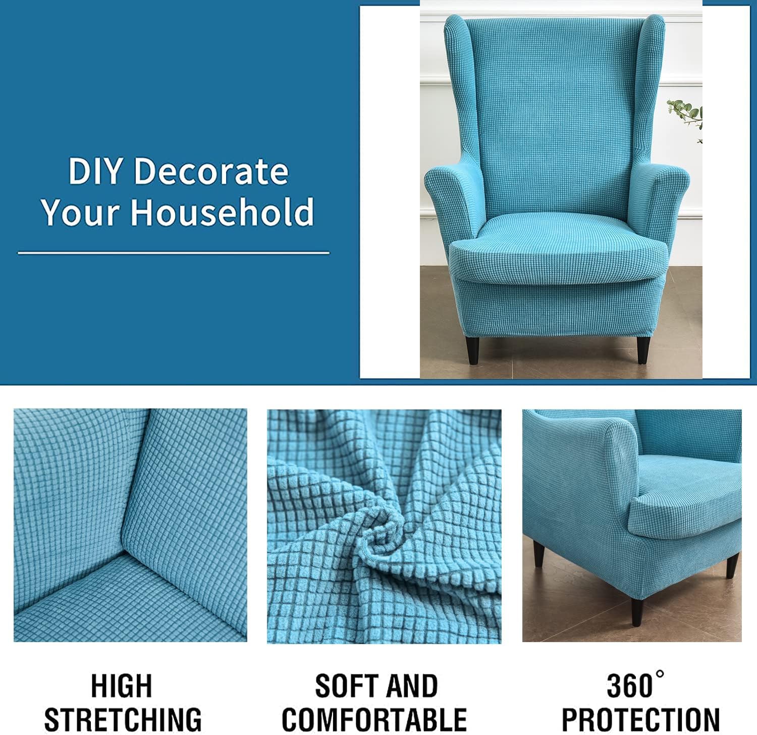 YOPOIY 2 Piece Stretch Wing Chair Cover Polyester Small Checks Jacquard Fabric with Elastic Bottom Wing Chair Slipcover Non-Slip Furniture Cover -Light Blue-
