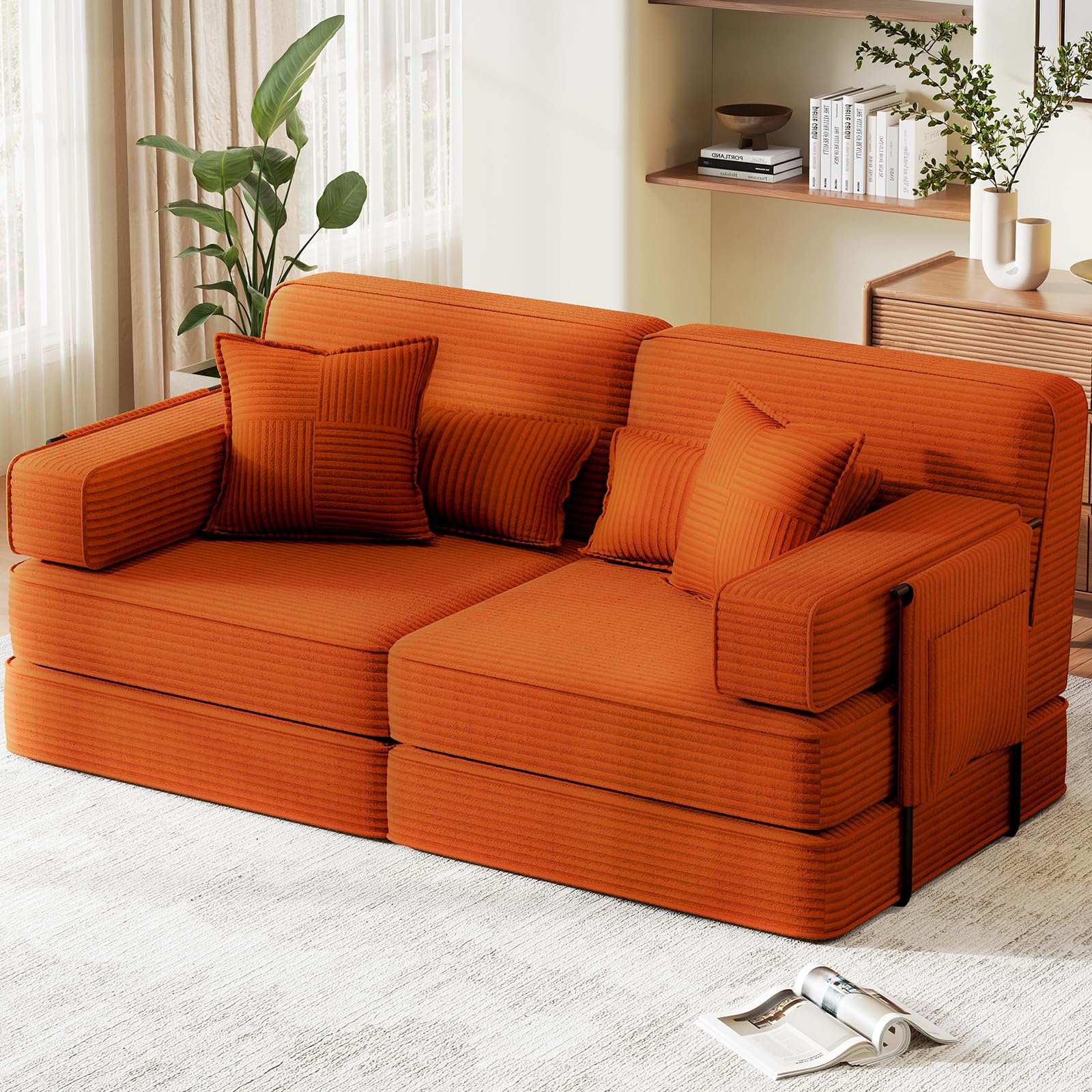 190cm Sofá Cama 2-3 Plazas con Espuma, Modular 5 en 1, Naranja | Versátil Sofá Cama de Pana con Asiento Profundo, Sofá de Suelo para Apartamento, Apto para Mascotas y Ergonómico