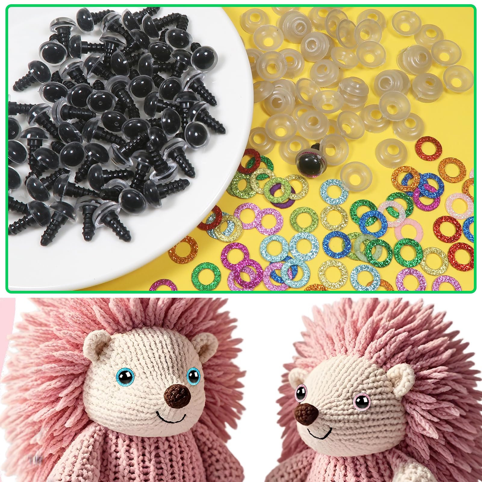 TOAOB 28 stuks Glitter Veiligheidsogen voor Amigurumi met Sluitringen met Wimpers 12 tot 30 mm Trapeziumvormige Poppenogen Kunststof Ogen voor Gehaakte Marionet Pluche Dier