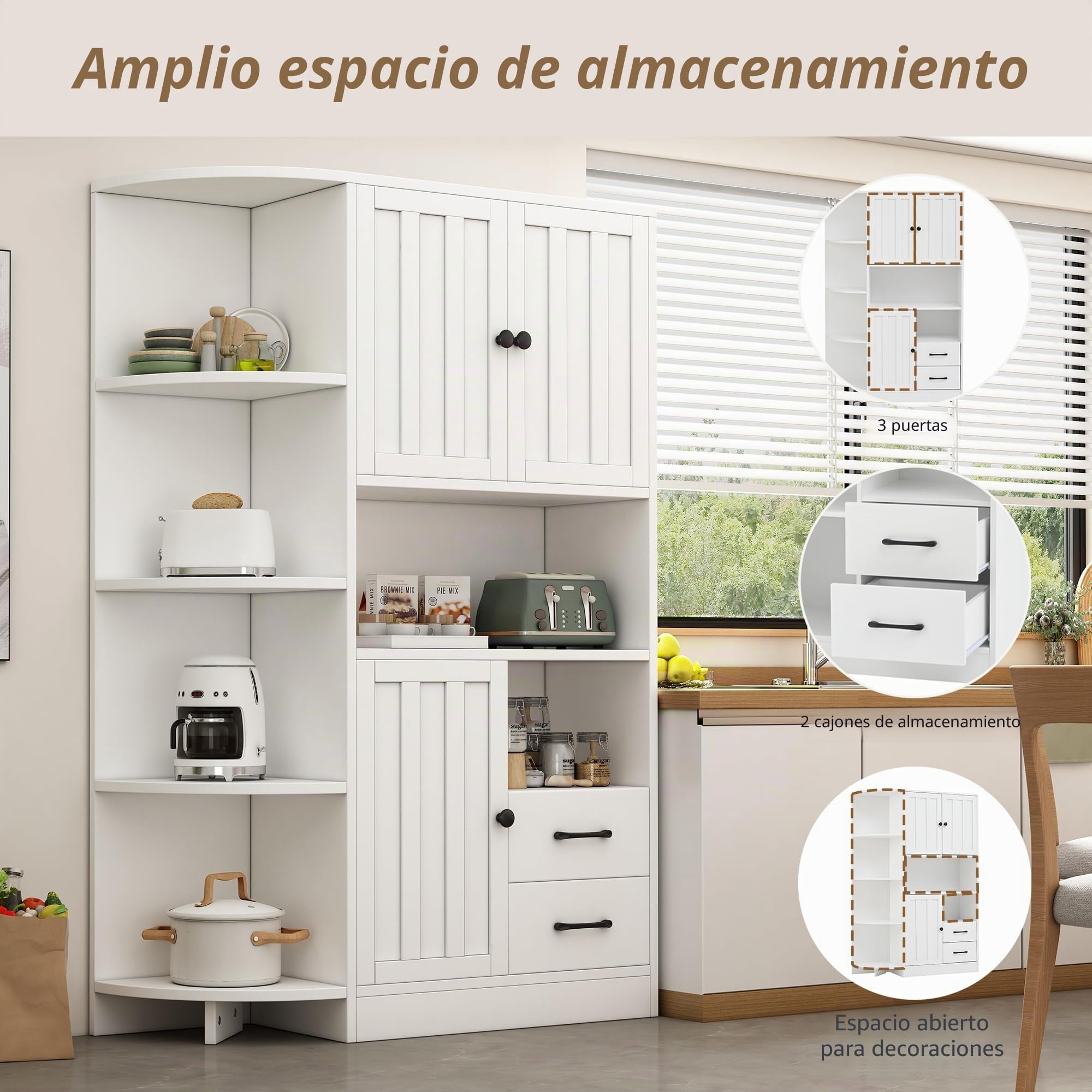 Soweiz Armario esquinero con 3 armarios + 2 cajones, estanterías de salón, armarios altos con un total de 14 áreas de almacenamiento, aparador, color blanco, 104 x 35 x 155 cm