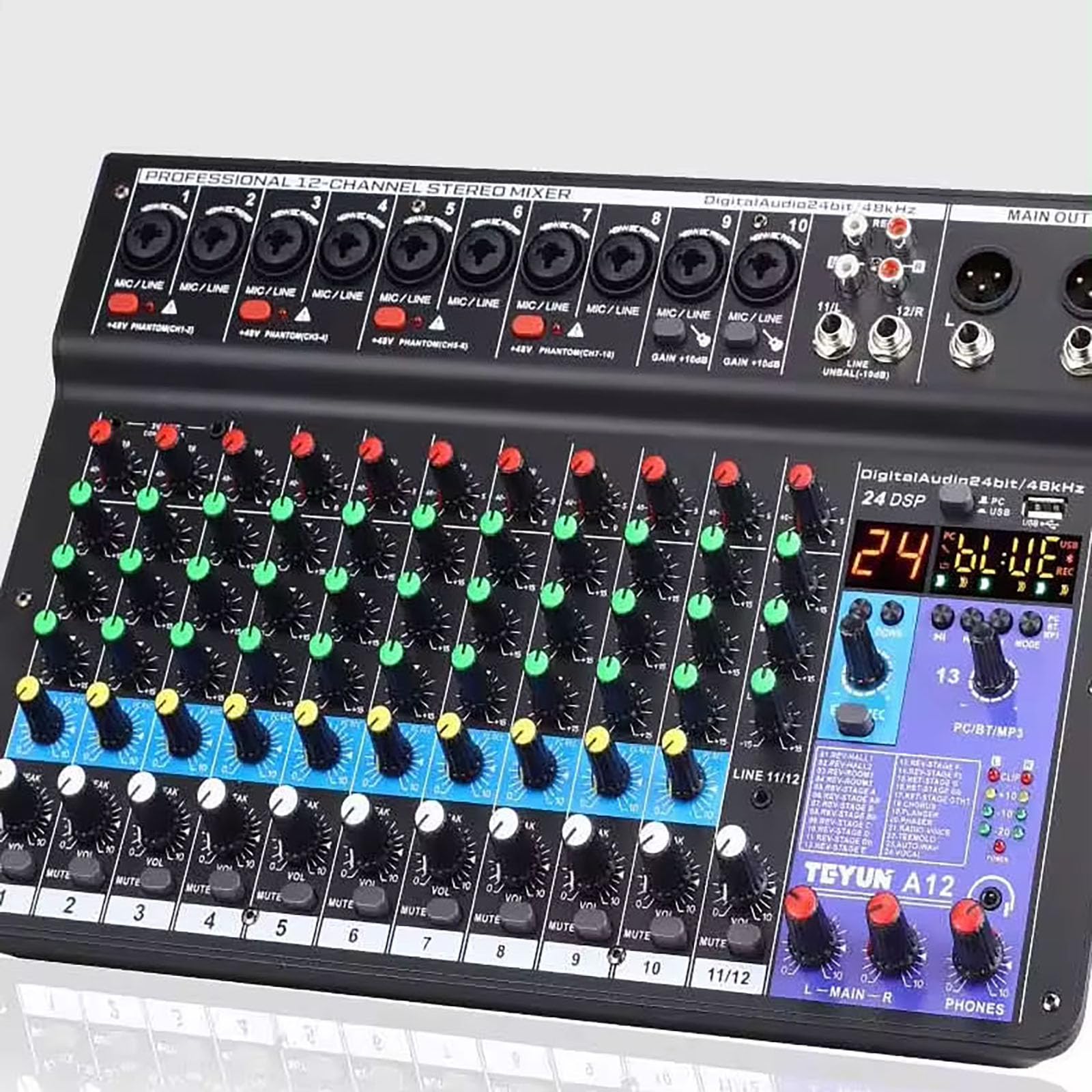 Studio mengtafels, Karaoke Audio Mixer met USB Professionele 12-kanaals Bluetooth Studio DJ Mixing Console Versterker Digitale KTV Sound Mixer 48V Studio mengtafels, Karaoke Audio Mixer met USB Professionele 12-kanaals Bluetooth Studio DJ Mixing Console Versterker Digitale KTV Sound Mixer 48V