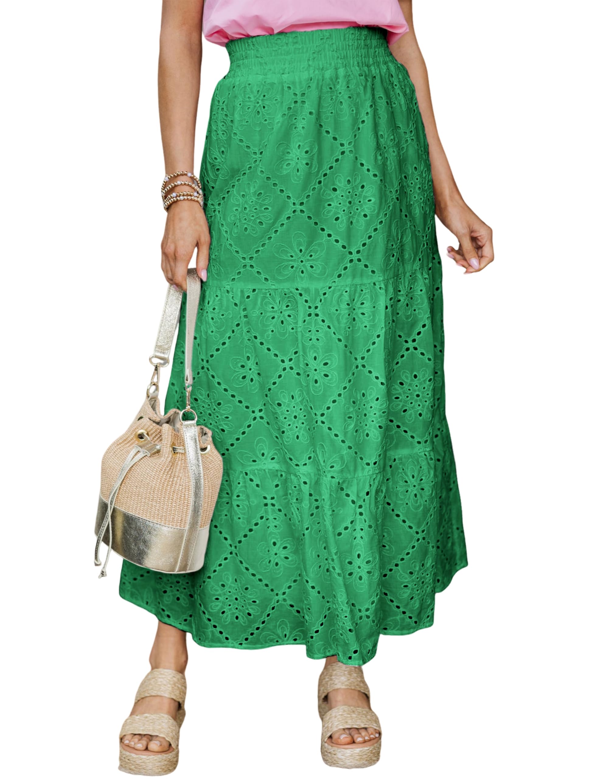 EsheSy Womens Maxi Skirt Summer Hollow Out Boho Elastic Smocked Waist Casual Lace Long Skirt with Lined