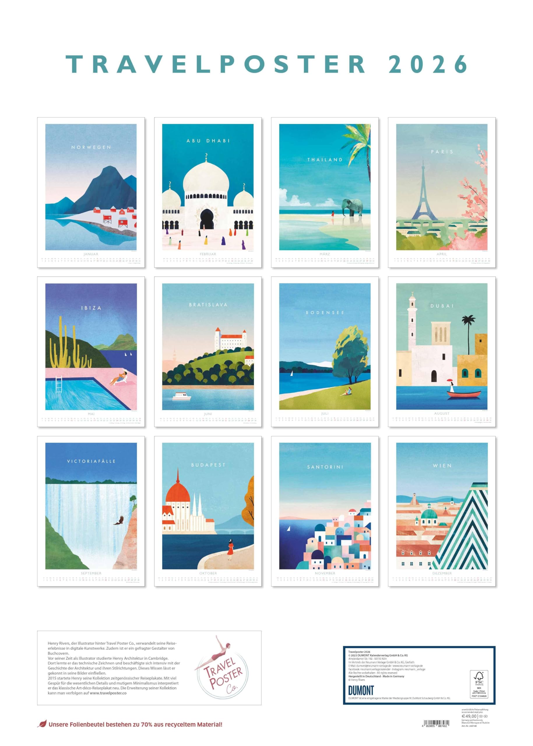DUMONT - Rivers: Travelposter 2026 – Wandkalender im Posterformat 50 x 70 cm mit Art-Deco-Reiseplakaten von Henry Rivers