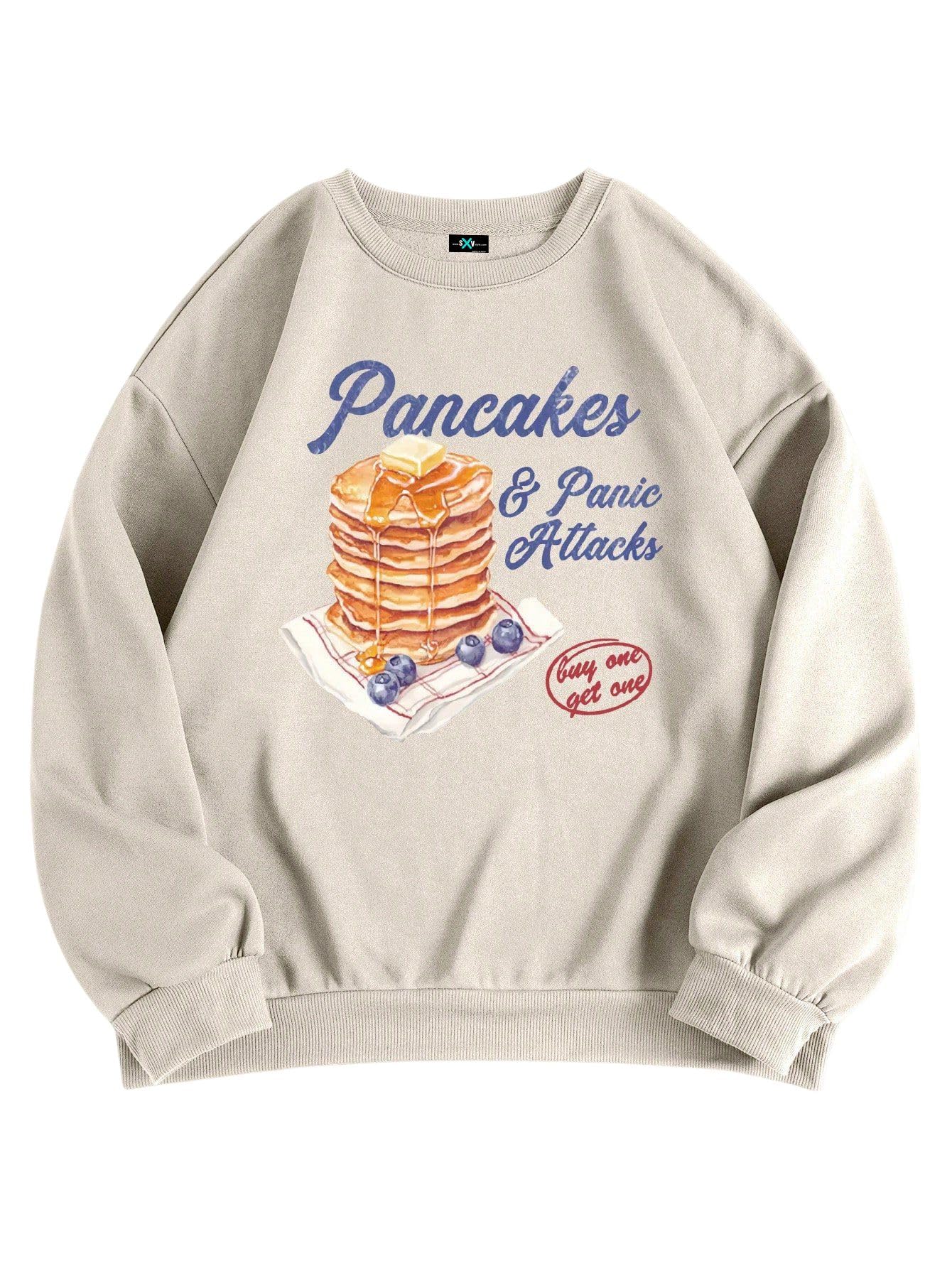sxv style Pancakes and Panic Attacks Women Letters & Dessert Print Crew Neck Casual Everyday Sweatshirt-picture-36