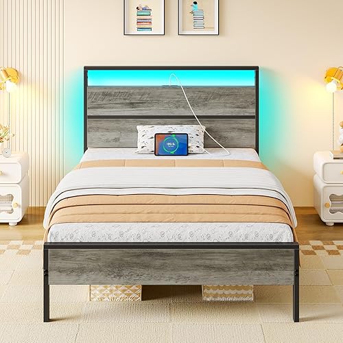 Miniatura 23 de Rolanstar Base de cama tamaño individual con estación de carga, base de cama individual LED con cabecera de almacenamiento tapizada, cama de