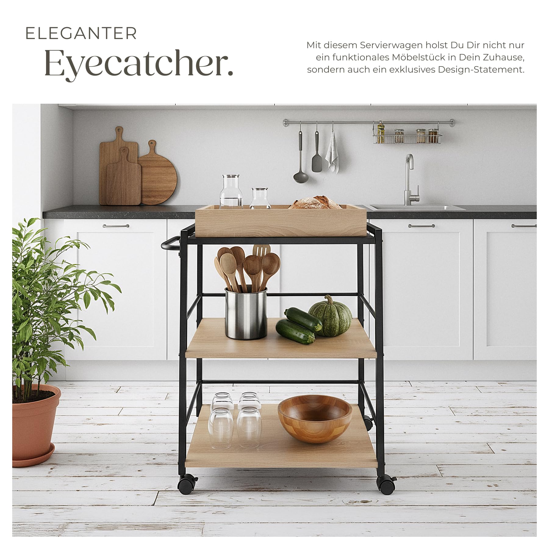 tectake® Servierwagen mit Rollen, abnehmbares Tablett, Kitchen Trolley 65 x 41,5 x 87 cm, Küchenwagen mit Rollen, Rollwagen Küche mit 2 Ablagen, Bastelwagen, Industrial Holz hell, Eiche Sonoma
