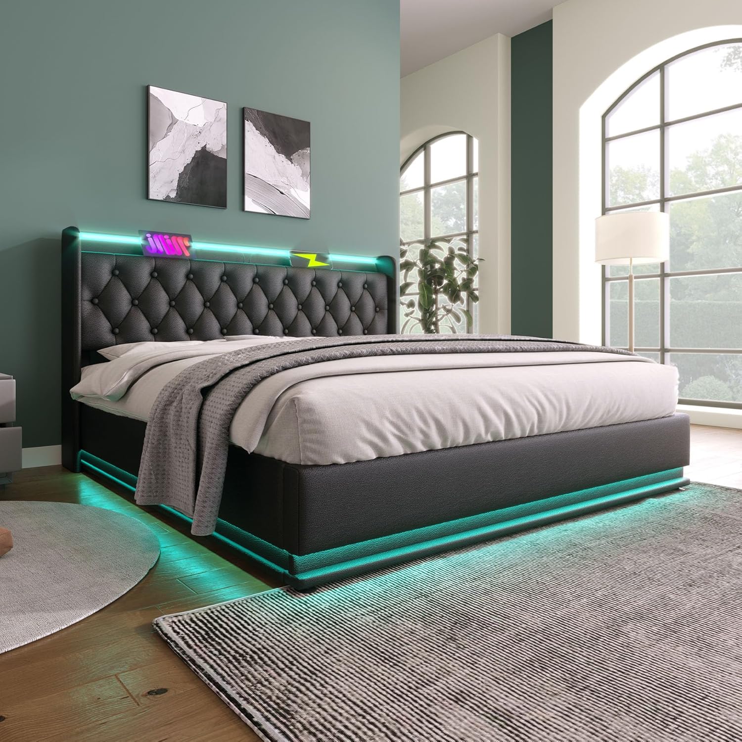 Queen Lift Up Storage Bed Frame with Button Headboard and Storage Underneath, Upholstered Platform Bed Frame & Smart Bed with Charging Station, LED Lights, Heavy Duty, Easy Assembly (Black PU, Queen)