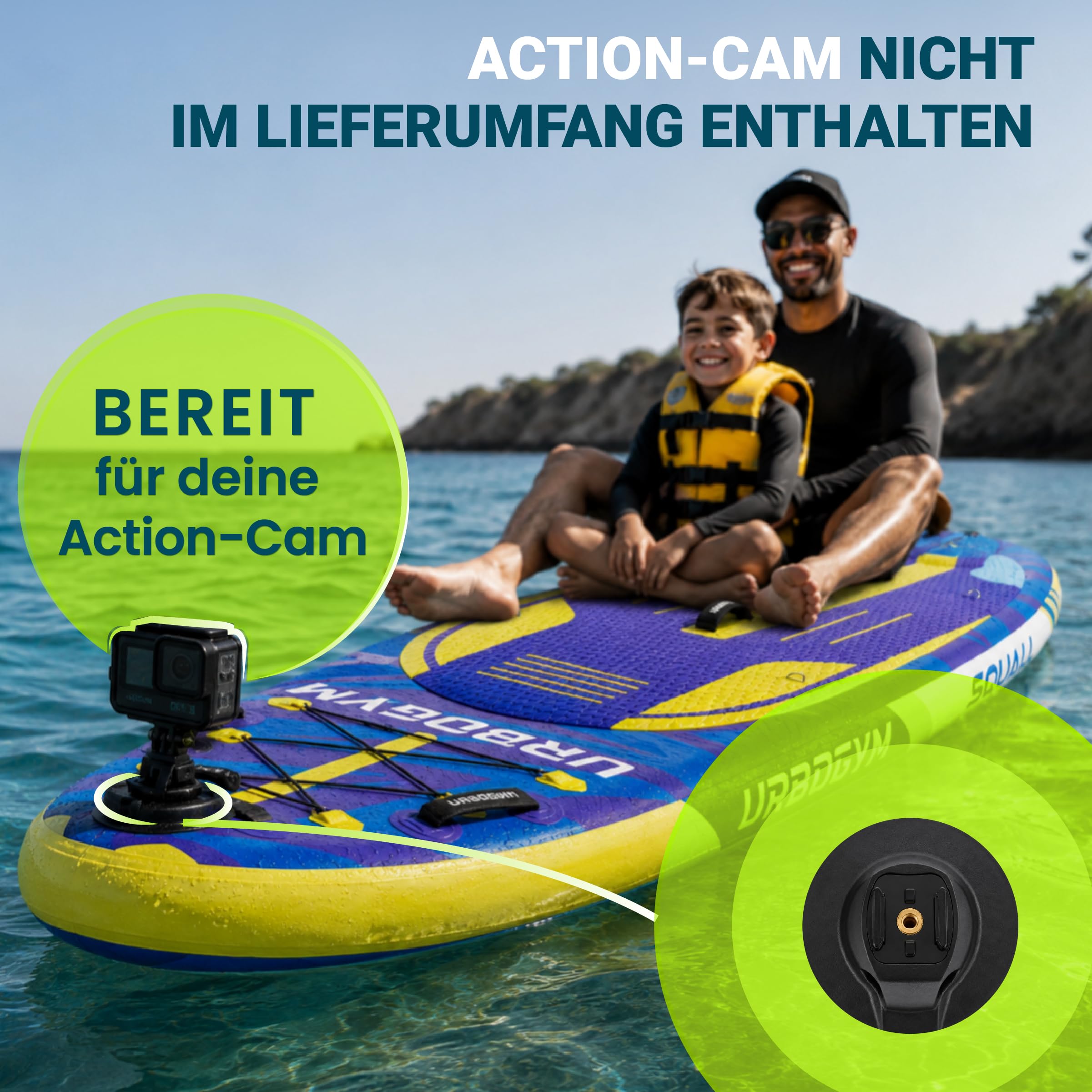 Squall 320 SUP Board 320×81×15cm bis 150kg – stabiles aufblasbares Stand Up Paddle Board Komplett-Set mit 2in1-Paddel, Doppelhubpumpe, Rucksack, Leash, 3 Finnen, Kick-Pad und Kamerahalterung