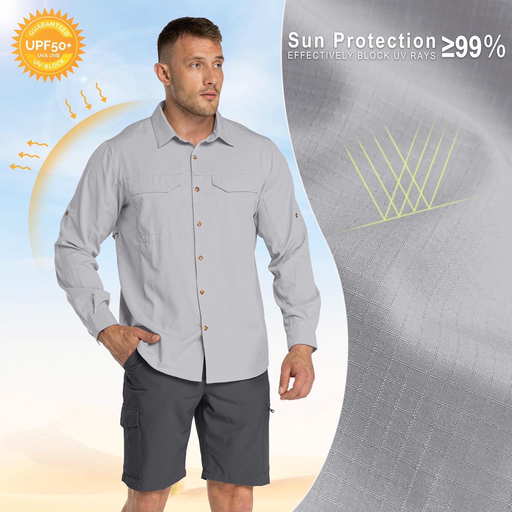 33,000ft Camisas de senderismo de manga larga para hombre, ligeras, de secado rápido, protección solar UV UPF 50, camisa de pesca, safari al aire libre, viajes
