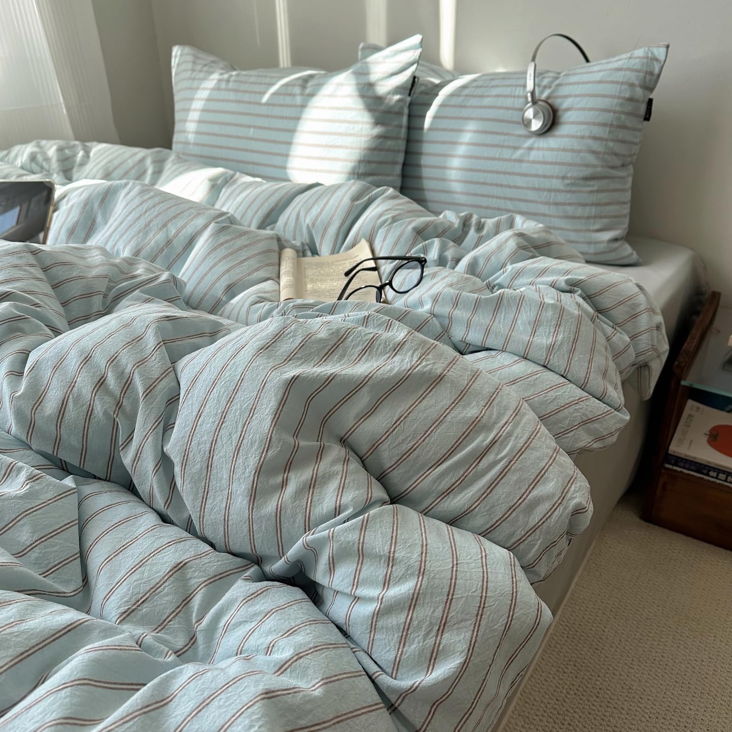 HoBaBa Duvet Cover Set Single Blue Brown Striped Bedding Set Single Bed โ image 1