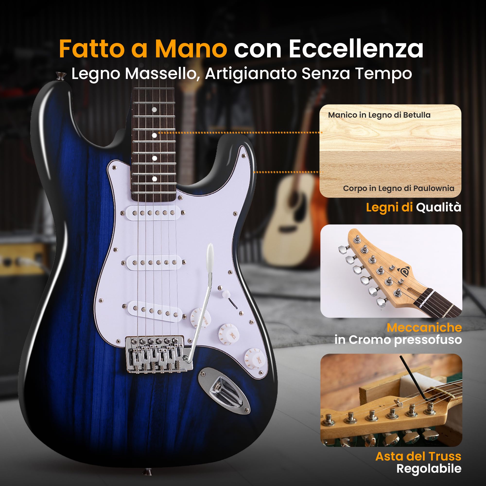 Pyle Chitarra Elettrica 99 cm con Amplificatore Bluetooth, Chitarra Kit Completo, Guitar con Cavo Jack 6,35 mm, Custodia, Cinghia, Corde, Plettri, Pickup ST, Blu Sfumato
