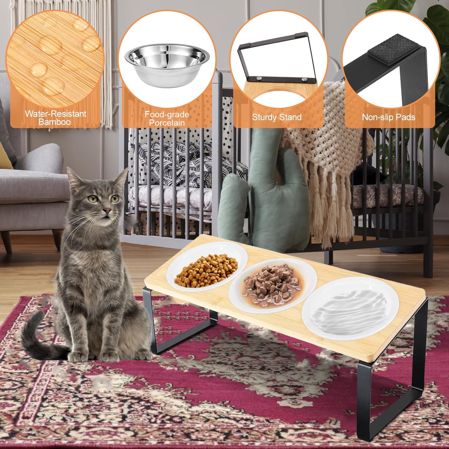 Elevated Cat Bowls with Tilted Stand, 5.5 in Wide Double Dish, Ceramic Pet Feeding Station (with 3 Ceramic Bowls&Silicone Mat) - Image 3