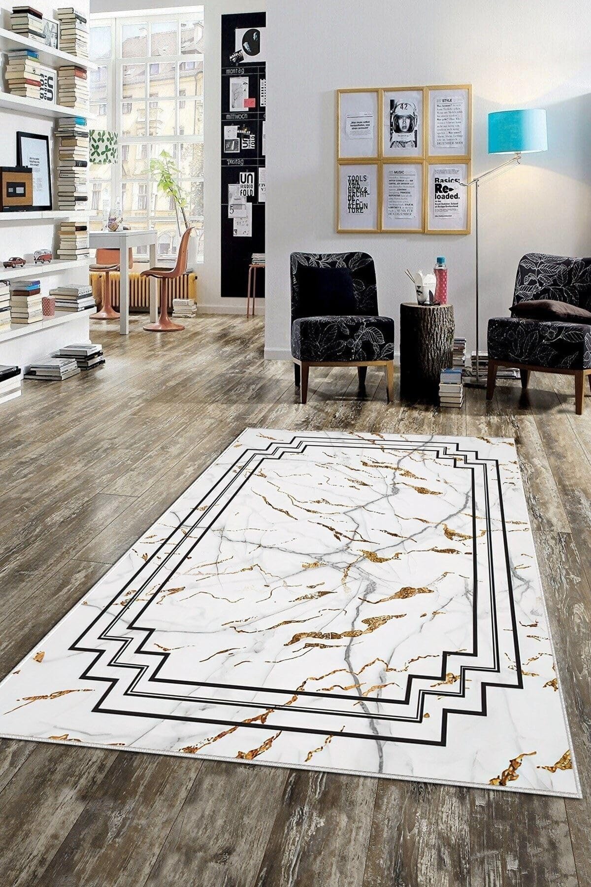 Pelangi Beyaz Mermer Desen Çerçeveli Yıkanabilir Kaymaz Taban Leke Tutmaz Modern Salon Halısı Ve Yolluk, Beyaz 100 x 300