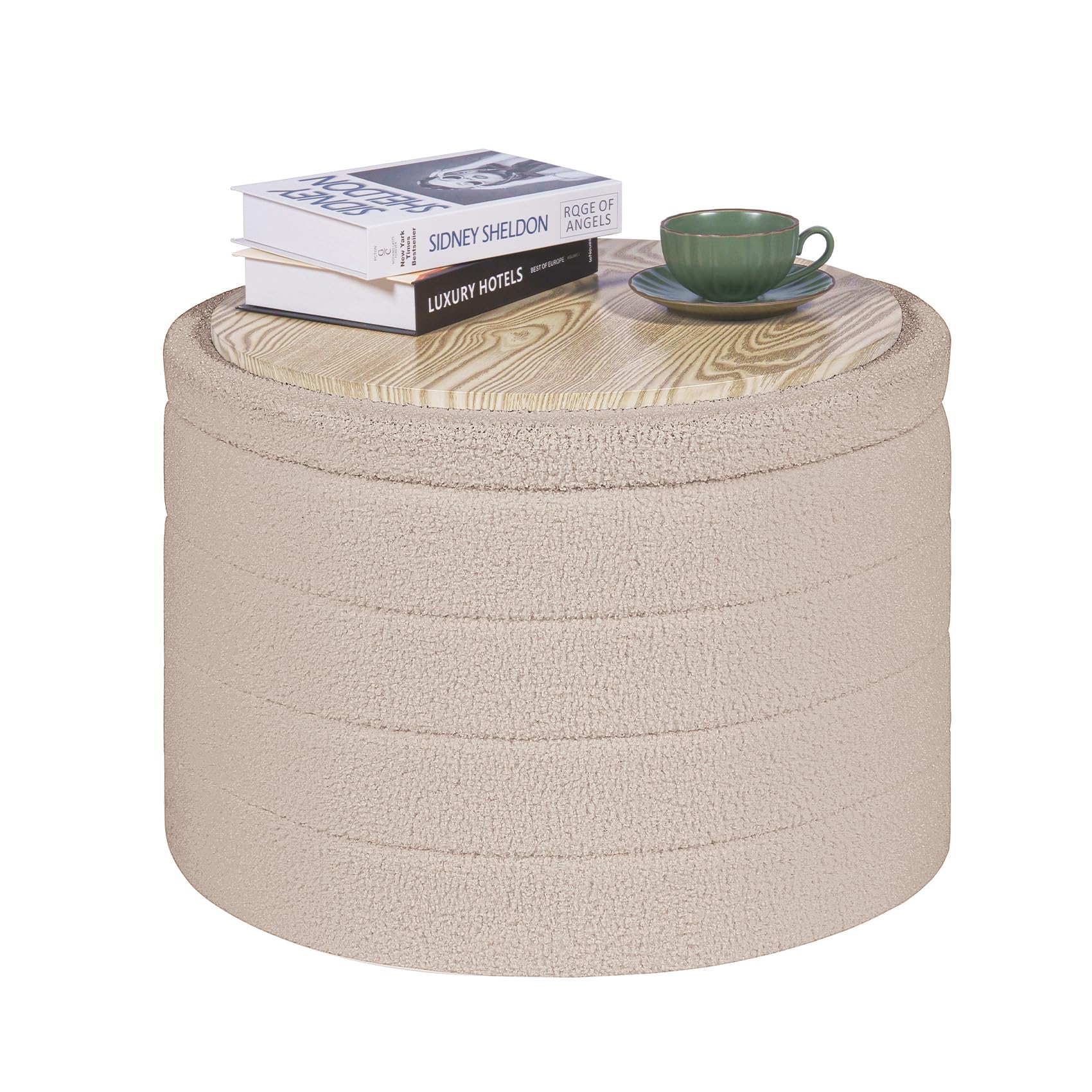 PINPLUS Large Round Ottoman Storage Box in Boucle Fabric, Padded Convertible Coffee Table & Folding Footstool for Living Room, Bedroom, 56×56×40 cm, Beige