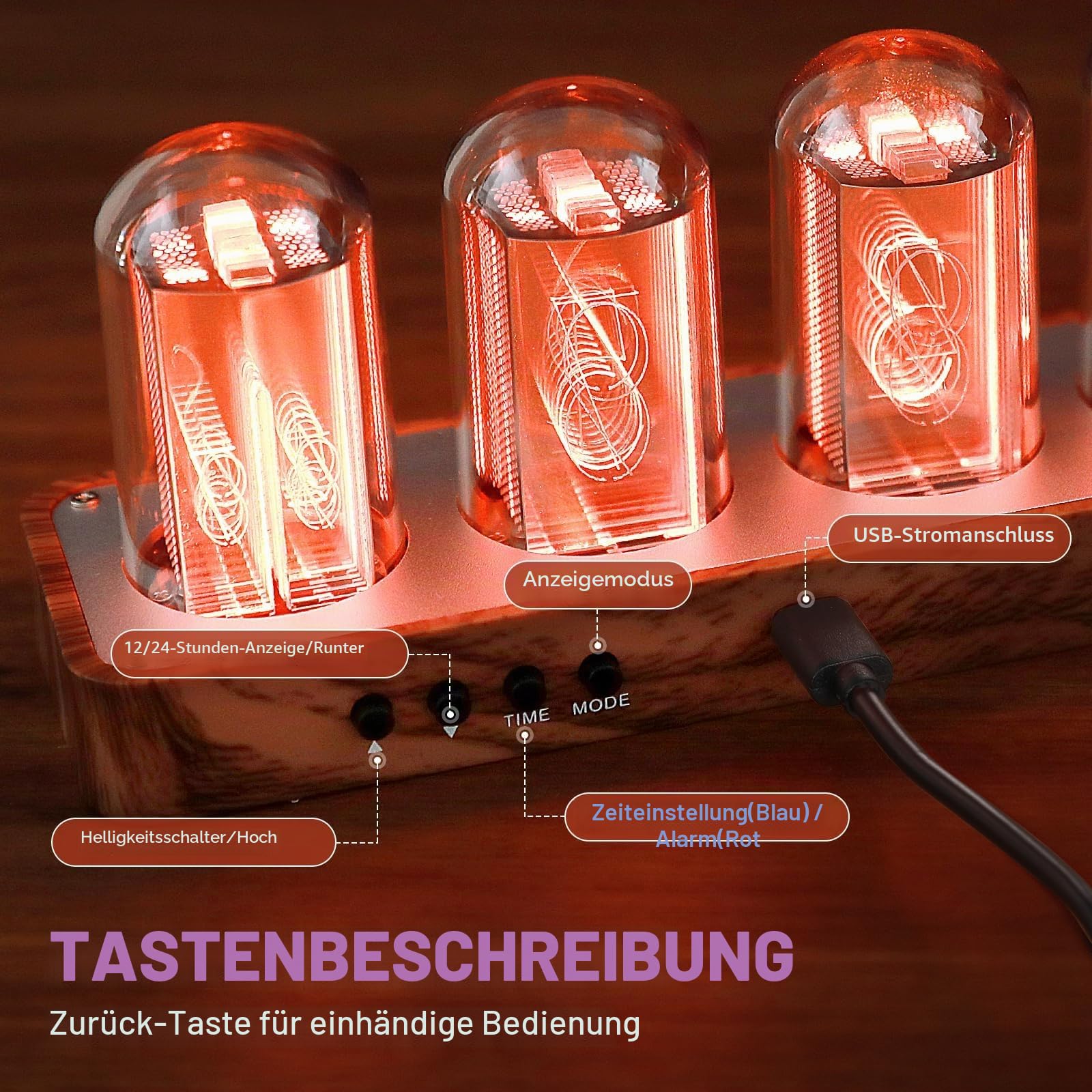 ClocTeck LED Nixie Uhr, Digital Nixie Tube Clock, Nixie Röhrenuhr, Und das WiFi synchronisieren, Alarm und 12/24-Stunden-Anzeige, kein Zusammenbau erforderlich – EIN Retro-Geschenk für Freunde