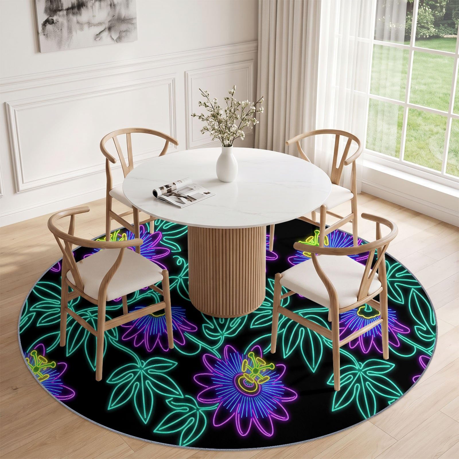 Tapis Rond Moderne Tropical 120 cm, Fleurs Feuilles Passiflore Néon Lavable en Machine pour Salon, Noir Multicolore Antidérapant, Poil Court Tapis Rond Imprimé pour Chambre d’Enfant Nurserie