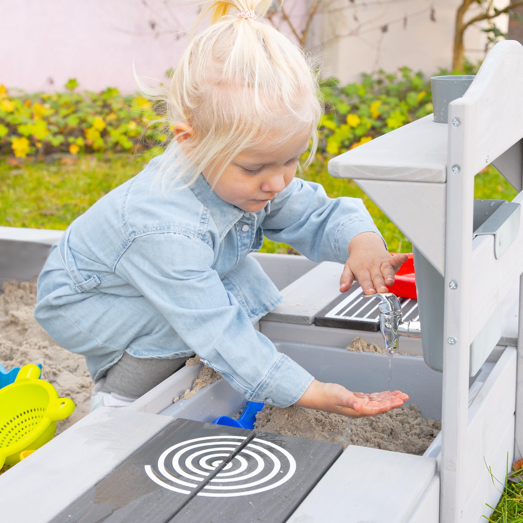 roba Sabbiera per Bambini - Certificata FSC con Cucina da Esterno - Resistente alle Intemperie - dai 12 Mesi - per Giardino, Terrazza, Balcone - Legno Massiccio - Grigio Smaltato