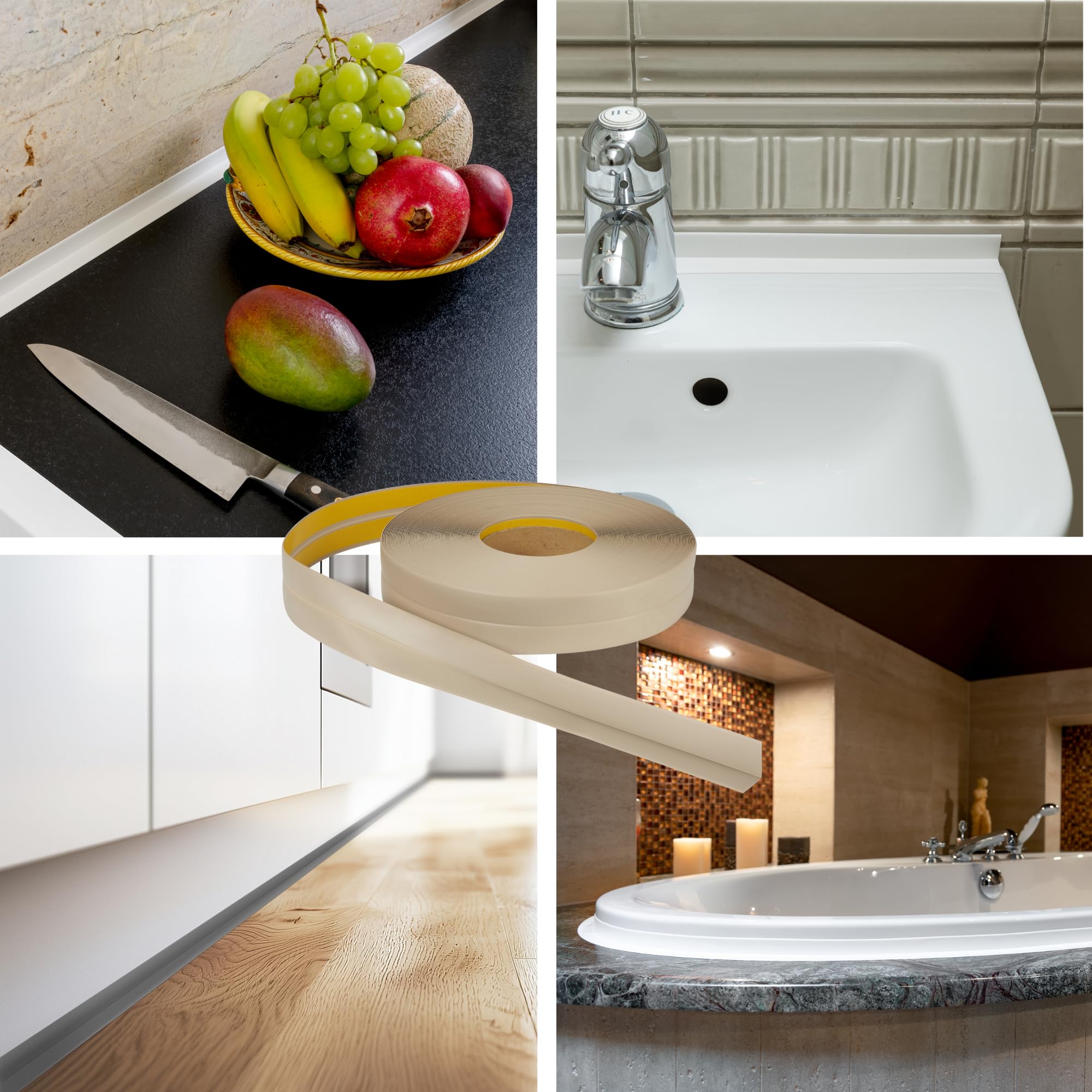 ProfiPVC Perfil Angular Suelo 18x18mm - 10 metros, Rodapié de acabado, ideal para cocina y baño, cinta autoadhesiva de PVC, rodapié flexible y blanda, Beige