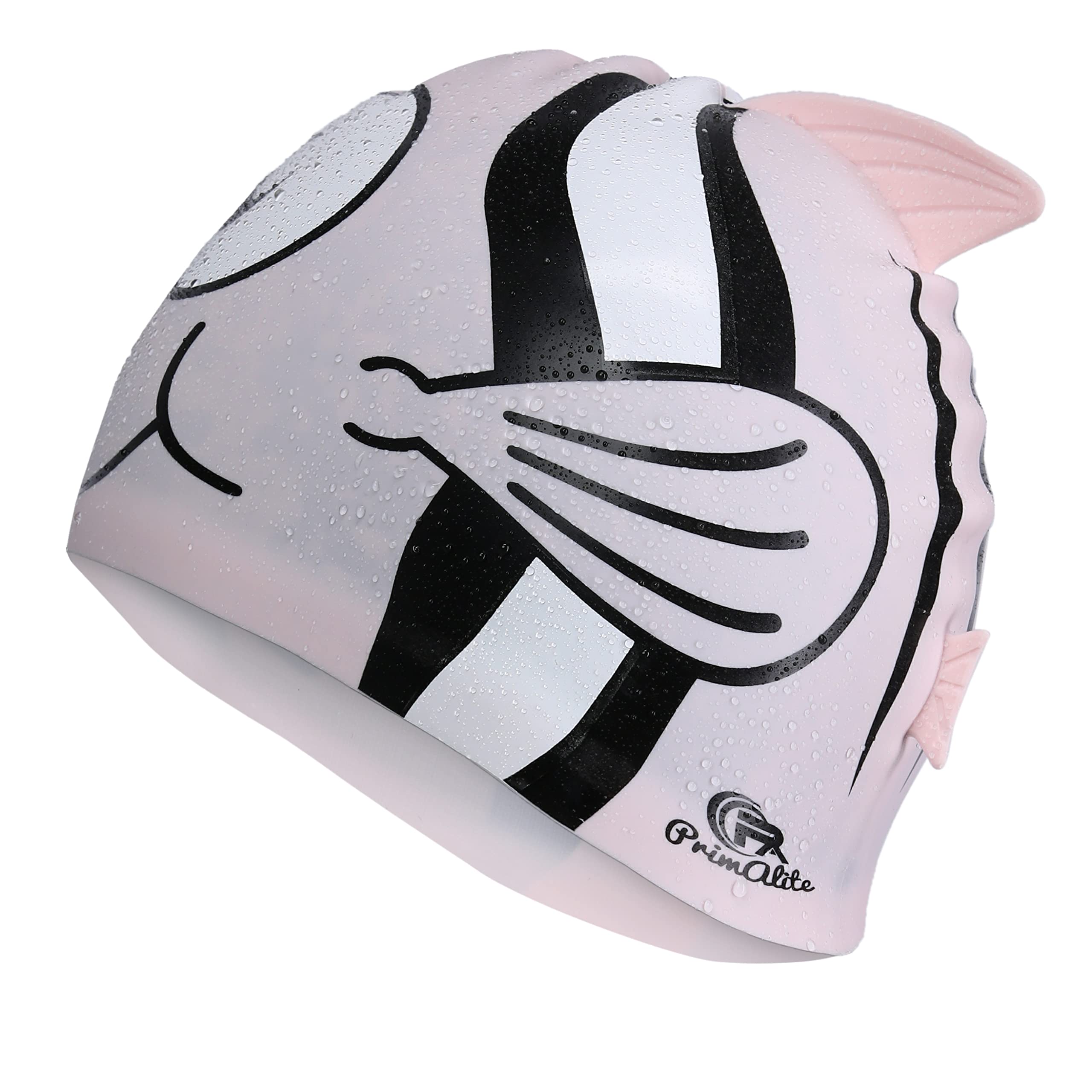 Primalite Swim Caps for Kids- Aged 3-12, Happy Fish Cartoon Design, Silicone Waterproof Comfy Bathing Cap Swimming Hat for Long & Short Hair, Waterproof Stretchy for Children, Boys & Girls- Pink 4