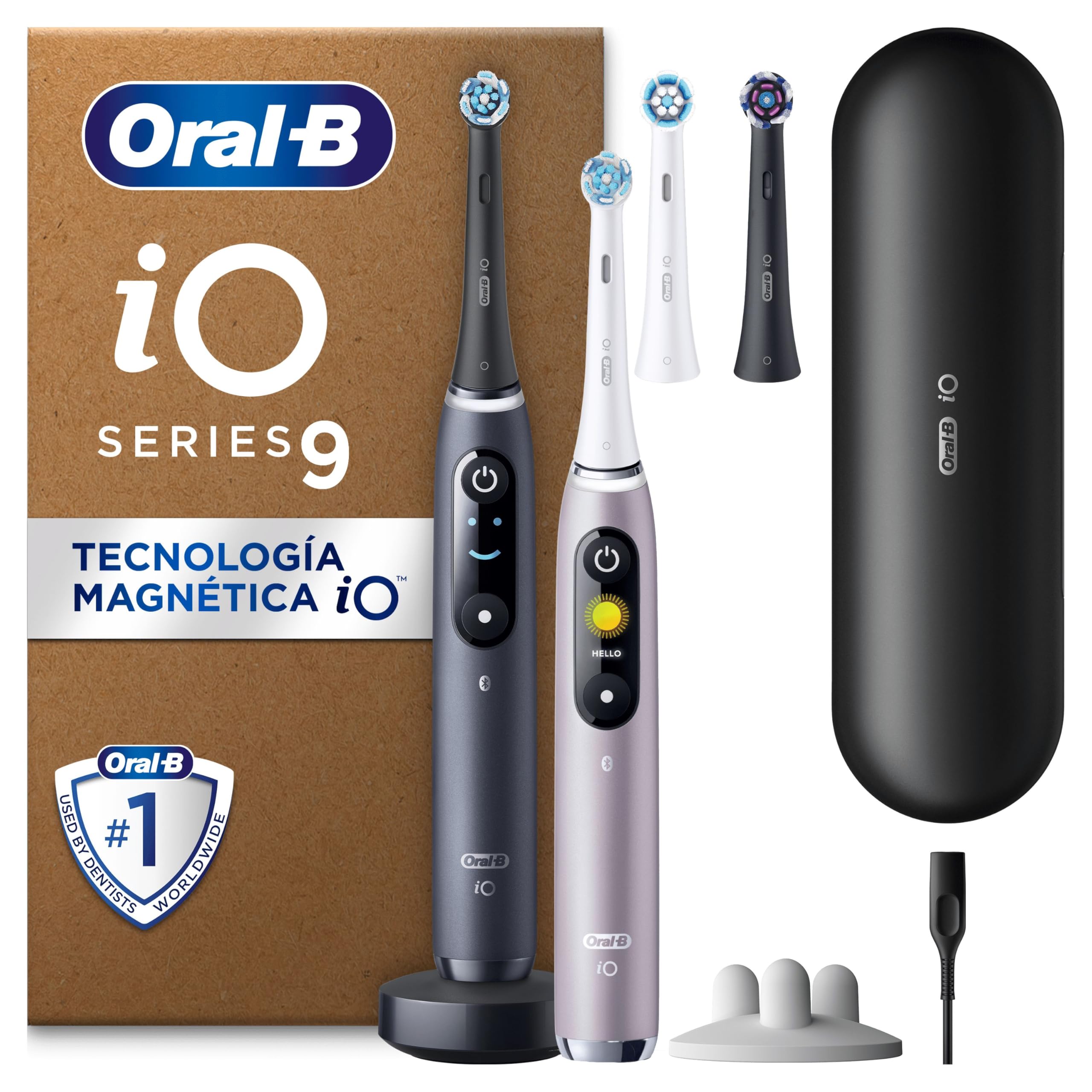 Oral-B iO 9 Pack De 2 Cepillos De Dientes Eléctricos Negro y Rosa, 3 Cabezales, 1 Estuche Cargador De Viaje, 7 Modos De Cepillado Con Blanqueamiento Dental, Sensor De Presión, Diseñado por Braun
