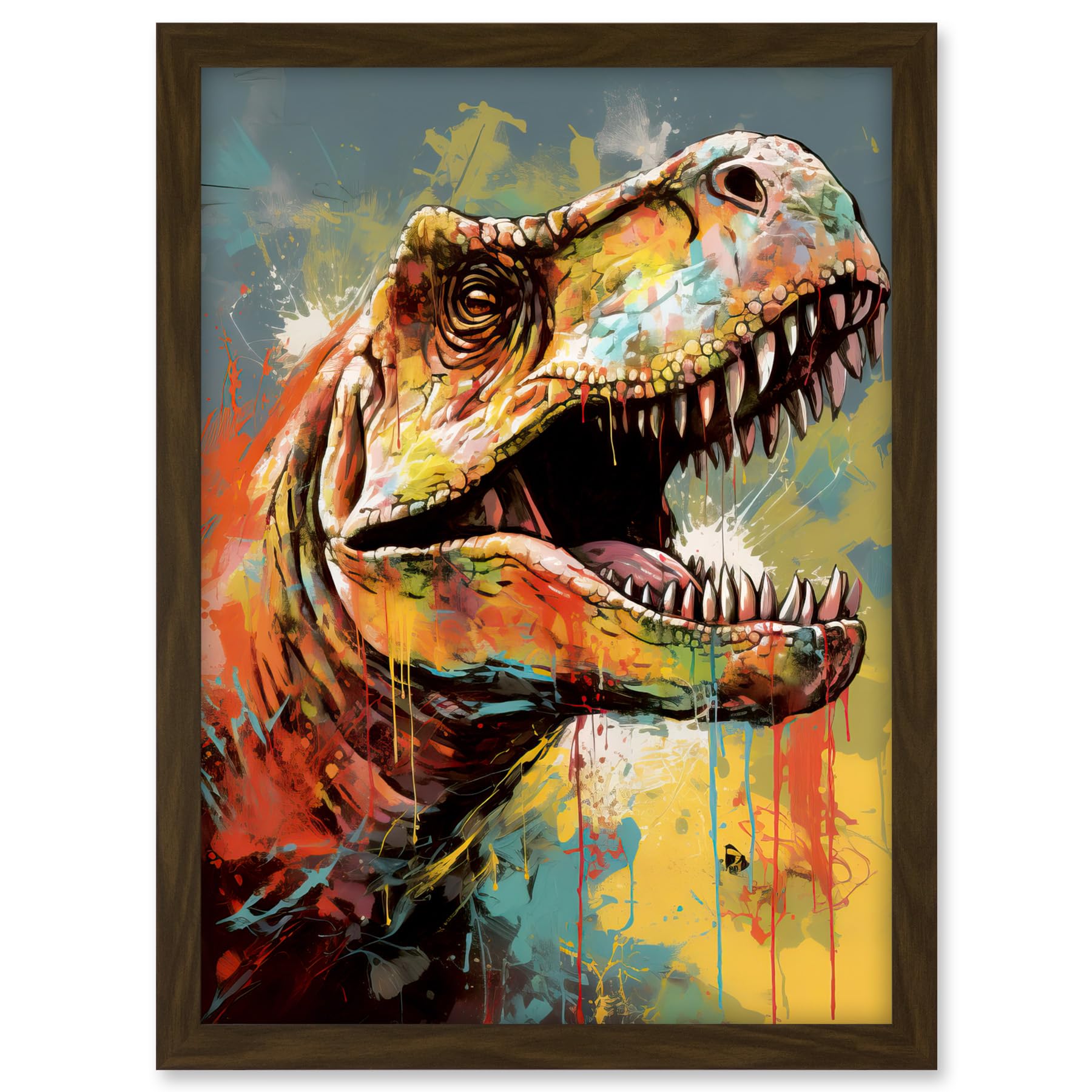 Artery8 T-Rex Roaring Dinosaur Multicoloured Portrait Artwork Framed A3 Wall Art Print
