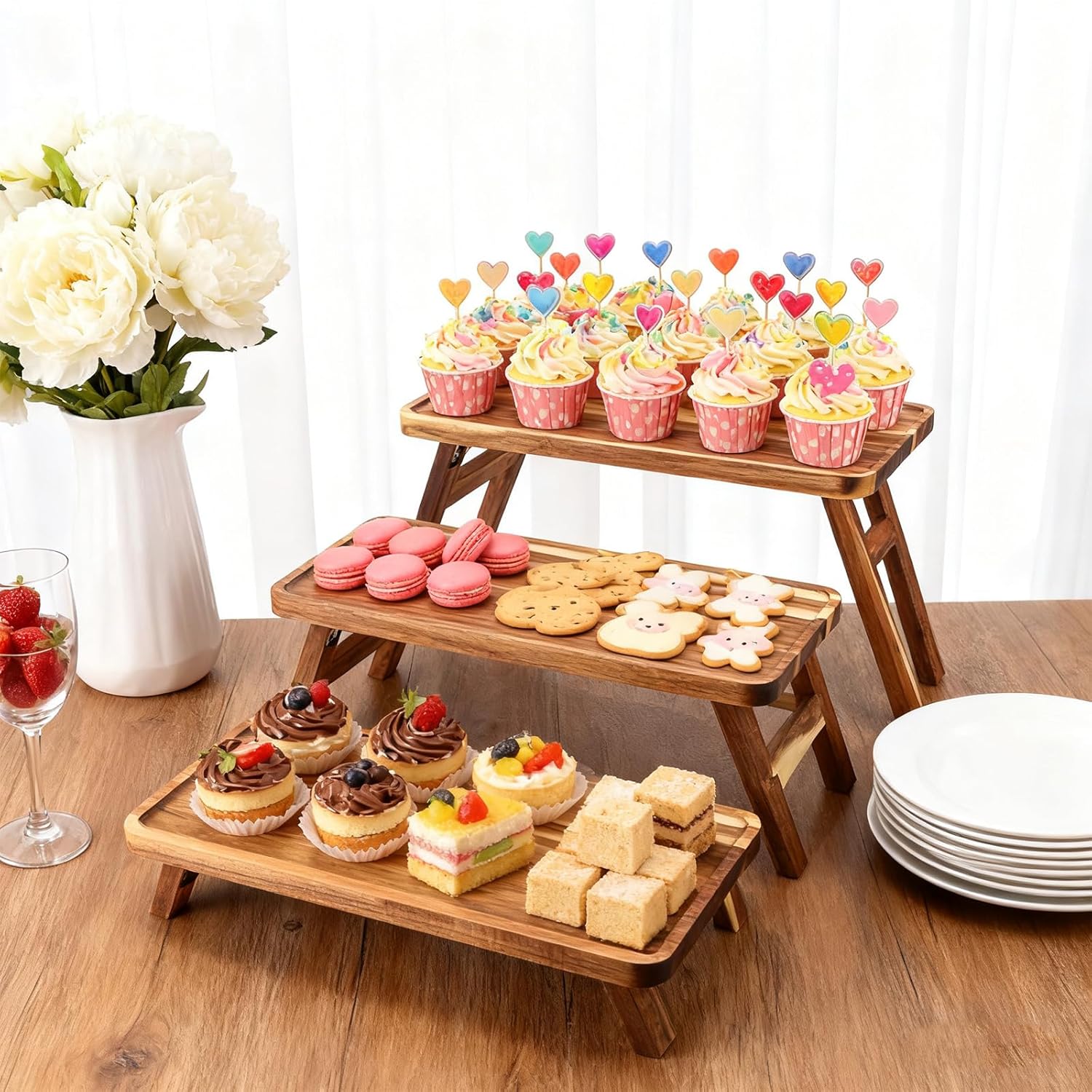 3 Tier Serving Tray for Party,16.9" x 5.9" Platters for Serving Food, Acacia Wooden Tiered Tray Stand Dessert Table Display Set Decor for Party, Birthday, Wedding, Christmas
