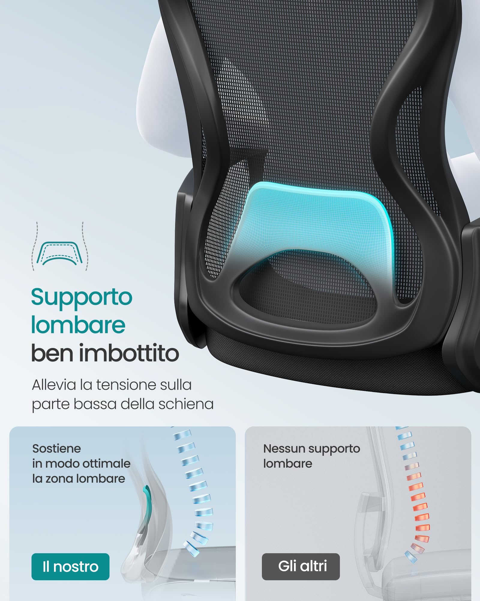 SONGMICS Sedia Ufficio Ergonomica, Sedia Scrivania Girevole in Rete, Supporto Lombare, Funzione Oscillante, Braccioli, Studio Camera da Letto, Nero Inchiostro OBN043BH02