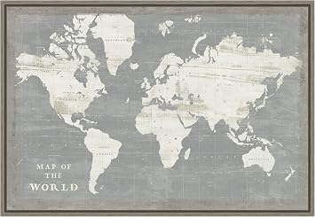 Amanti Art Framed Canvas Wall Art 16x23 Slate World Map by Sue Schlabach, Framed Wall Art Canvas, Maps Artwork, Rustic Farmhouse Decor, Medium Poster Painting for Living Room, Bedroom, Bathroom