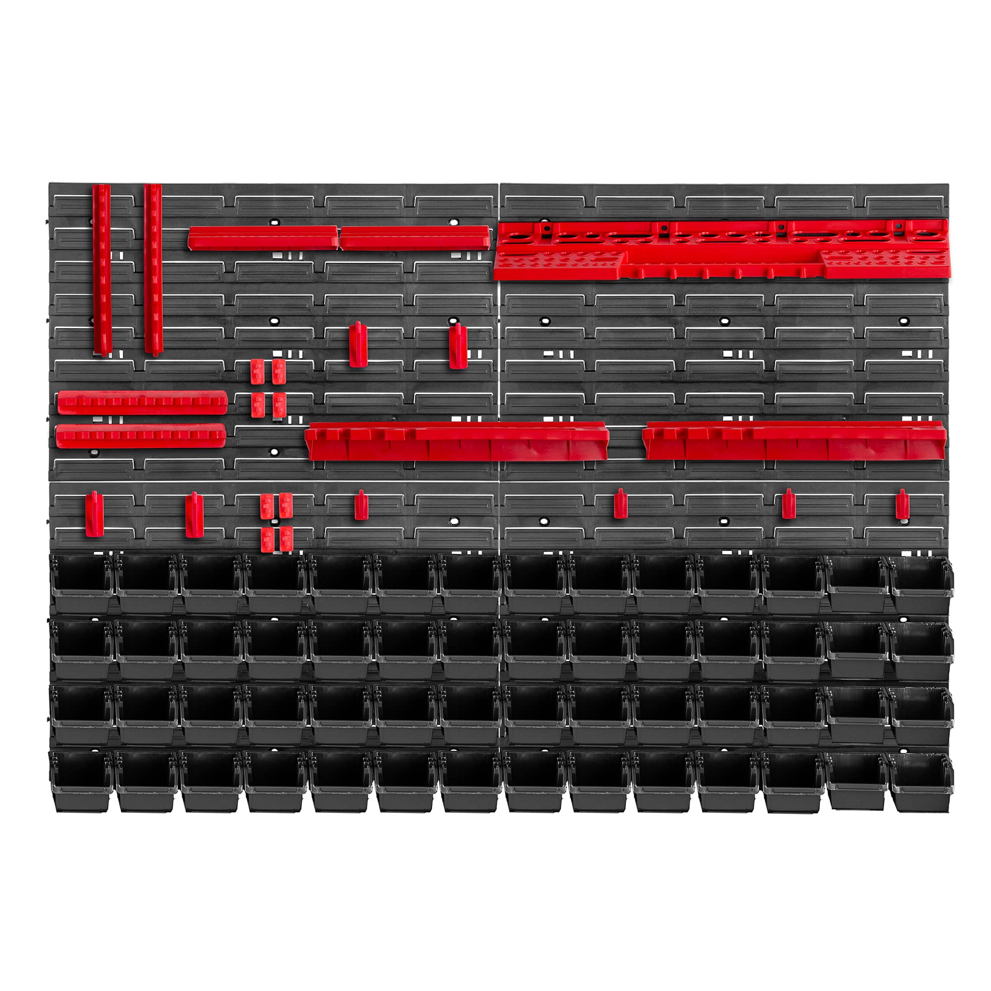 KADAX Regał ścienny warsztatowy, 116 x 78 cm, system przechowywania z wytrzymałego tworzywa sztucznego, odporny na promieniowanie UV, regał warsztatowy, rozszerzalne płyty ścienne, regał do garażu, (czerwony i czarny, 81 elementów)