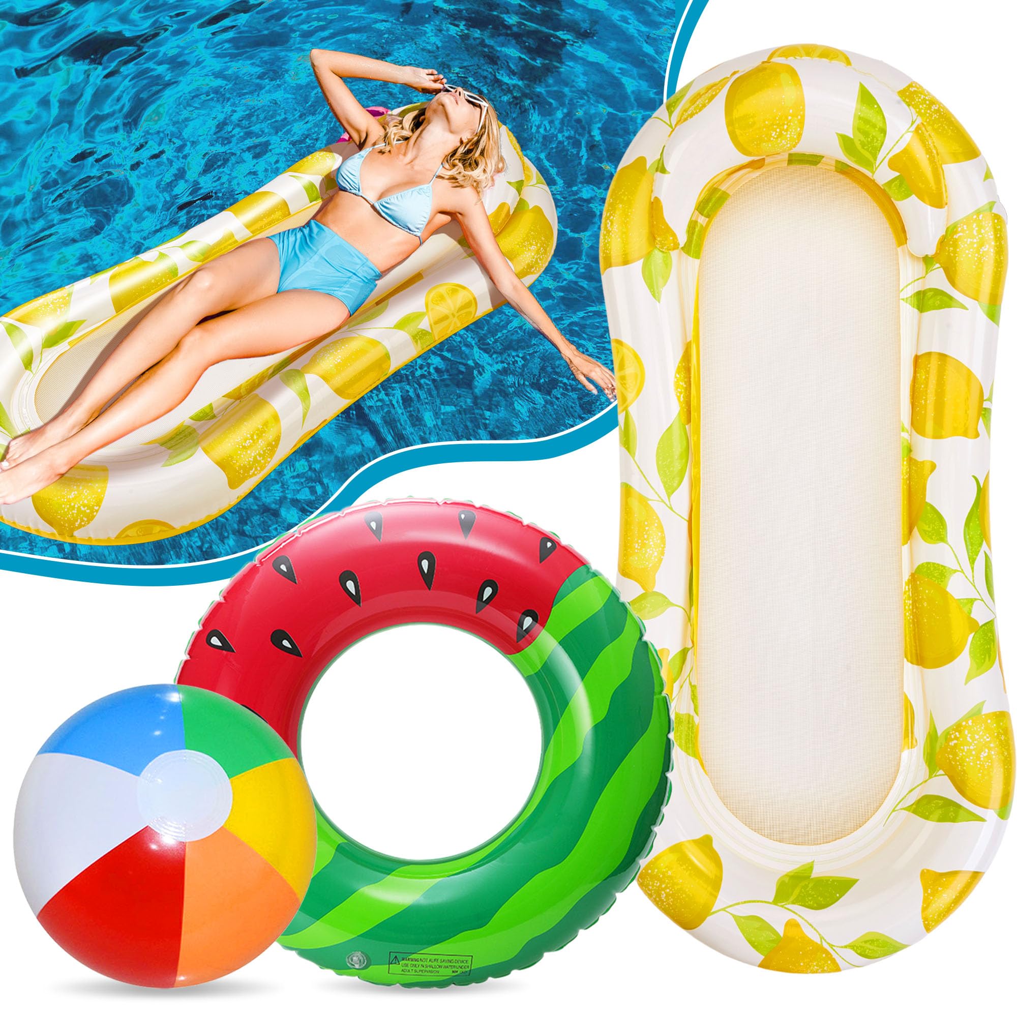 Edmirfun 3PCS Inflatable Pool Float Set, Swimming Pool Float Hammock, Fruit Swim Tubes, Water Hammock with Fruit Swimming Ring, Beach Ball, Adults Kids Summer Gift for Pool, Lake, Beach, Parties
