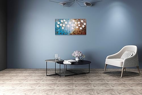 Miniatura 5 de Yihui Arts - Pintura de flores pintada a mano 3D marrón claro, azul y blanco, lienzo artístico de pared gigante, contemporáneo, de plantas, imágenes