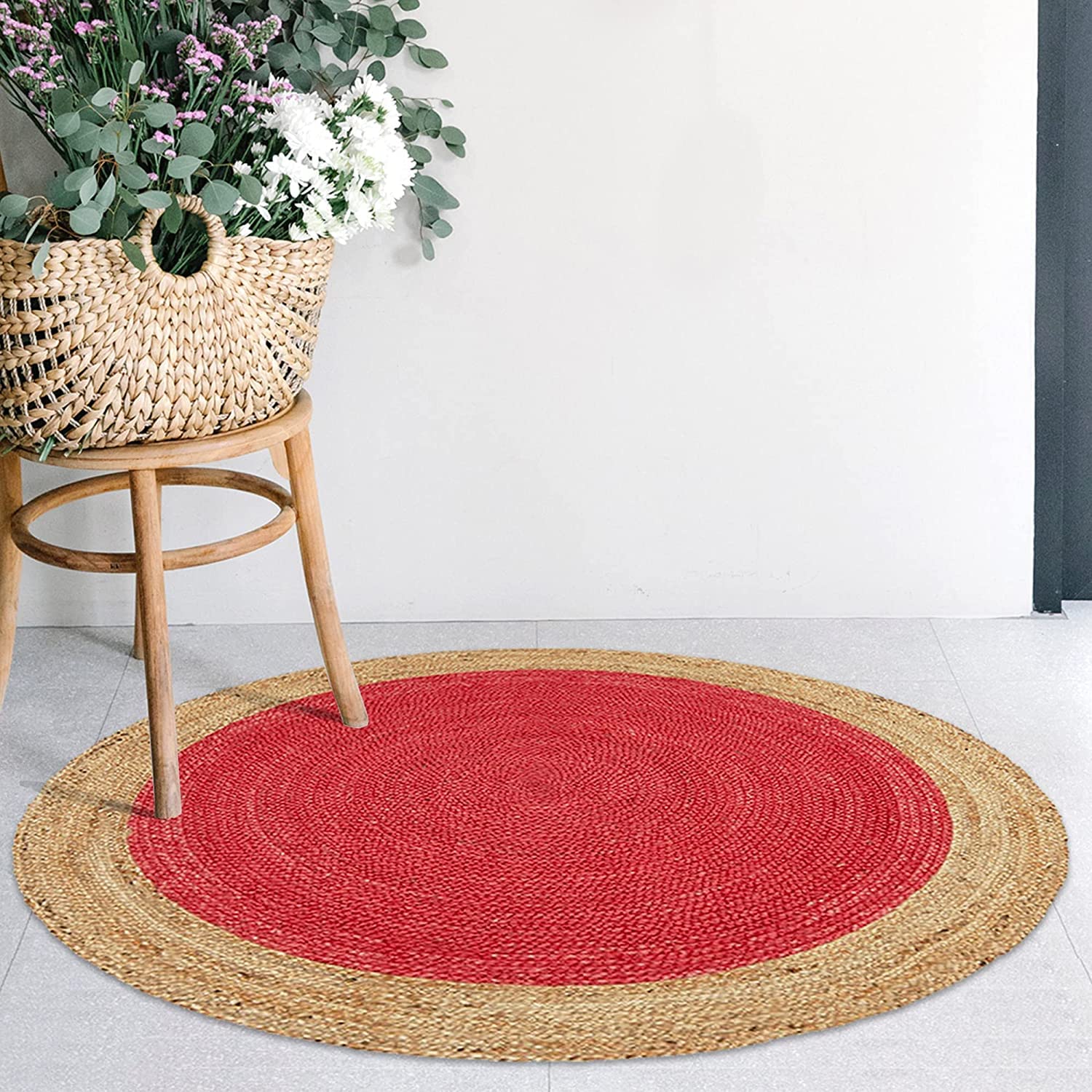 Alfombra india de yute natural trenzada hecha a mano, color rojo, alfombra de yute para sala de estar, alfombra de yute bohemia y elegante, tamaño de 3 x 3 pies, redonda (90 cm x 90 cm)