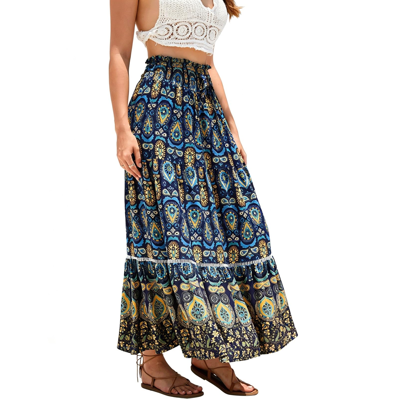 DUddTTW Resort Midi Skirt Rayon Women's Maxi Skirts Lace High Waisted Swing Skirt Slimming Hollow-out Ankle Length Design for Beach(Tibetan blue,Lagre)