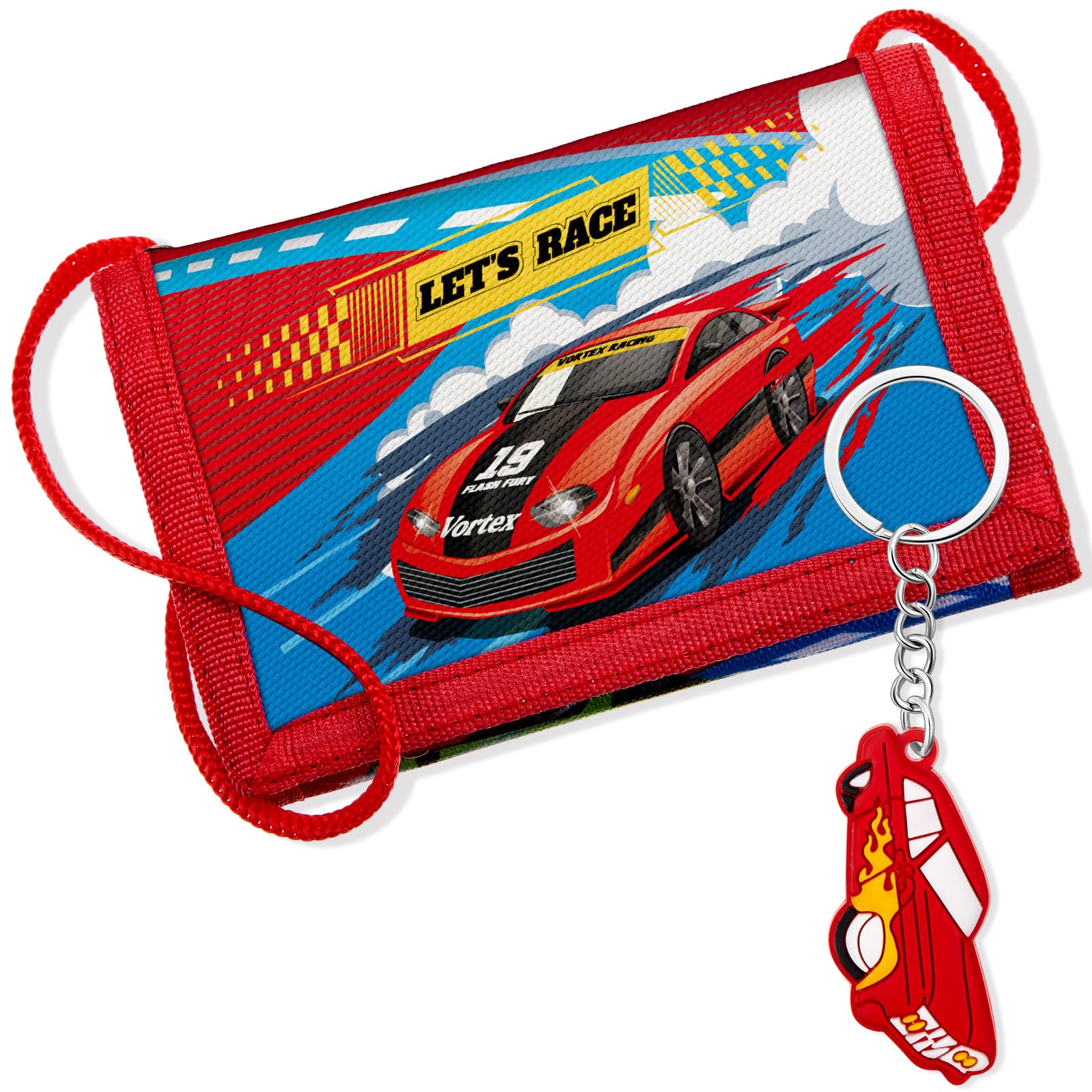 Hestya Porte-Monnaie pour Enfant Garçon Fille Portefeuille en Nylon avec Porte-Clés Pochette Tour de Cou de Voyage Portefeuille à Trois Volets Cadeau d'anniversaire(Course)