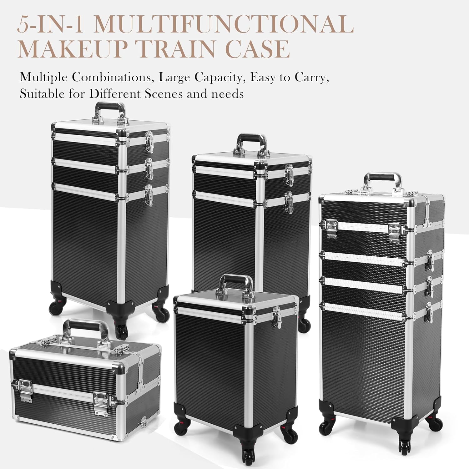 5-in-1 Rolling Makeup Train Case - Large Pro Cosmetic Trolley with 360° Swivel Wheels & Lockable Organizer, Black Aluminum Travel Case for Makeup Artists, Nail Techs & Hairstylists