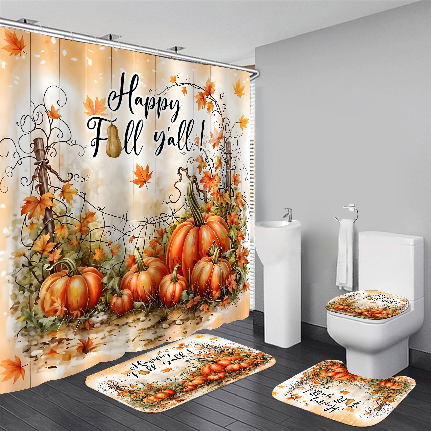 AZHM 4 Pcs Thanksgiving Pumpkin Harvest Shower Curtain Set with Rugs