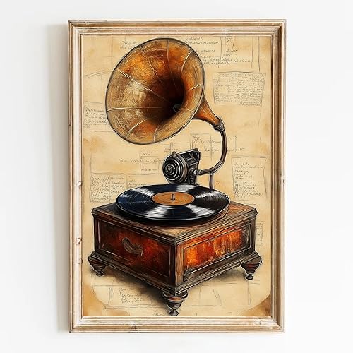 BACJUOPLDArt Arte de pared de fonógrafo, póster de reproductor de música, arte de pared de música retro, póster de registros vintage, impresión