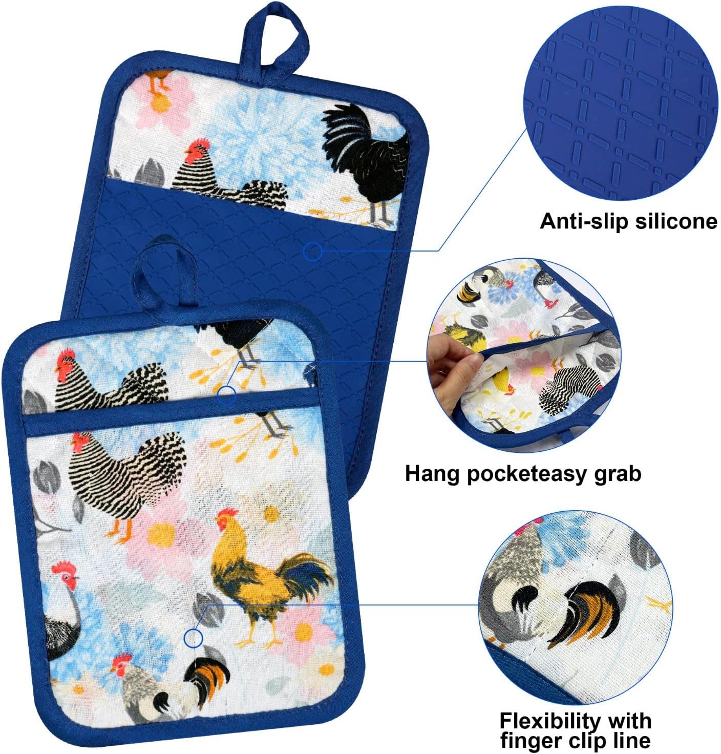 Oven Mitts and Pot Holders with Chef Apron,Set of 5 Heat Resistant Kitchen Gloves and Silicone Non-Slip Potholders Adjustable Neck Buckle Chef Apron, Cotton Nice Design for Cooking (Rooster) - Image 5