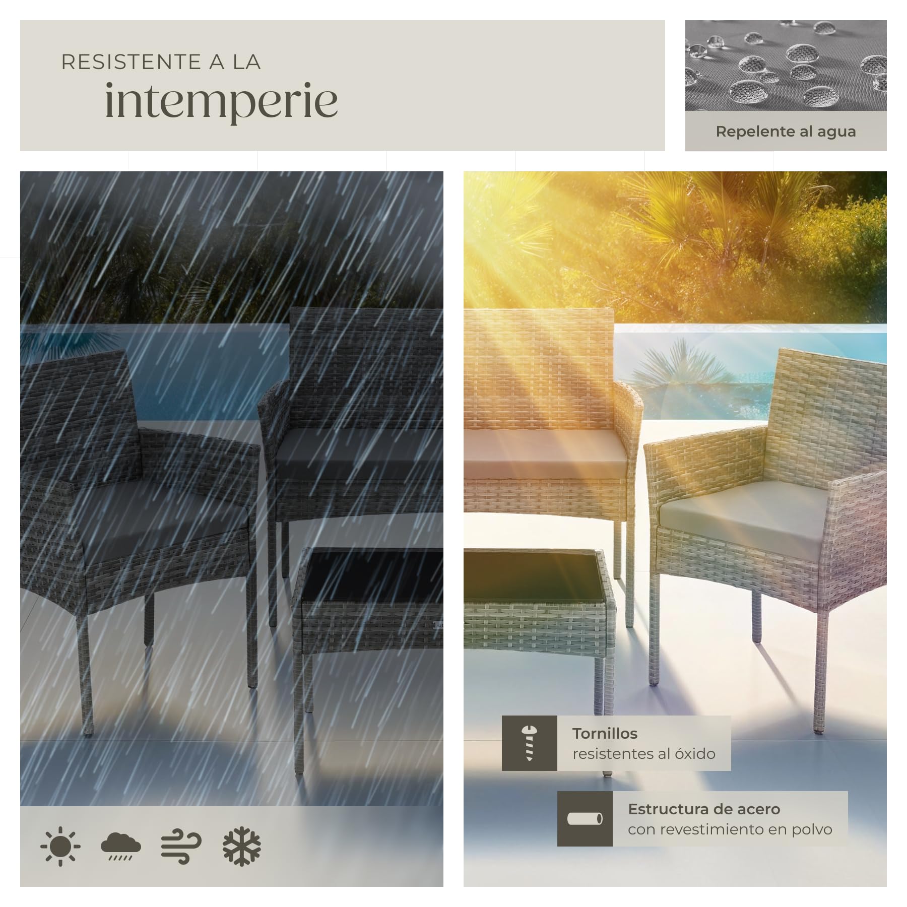 tectake® Conjunto Jardin Exterior de Ratán, Muebles Jardin Exterior para 4 Personas, Muebles Terraza con Mesa de Vidrio, Sofa Exterior y Sillas con Cojines Lavables, Sillon Cómodo - Gris