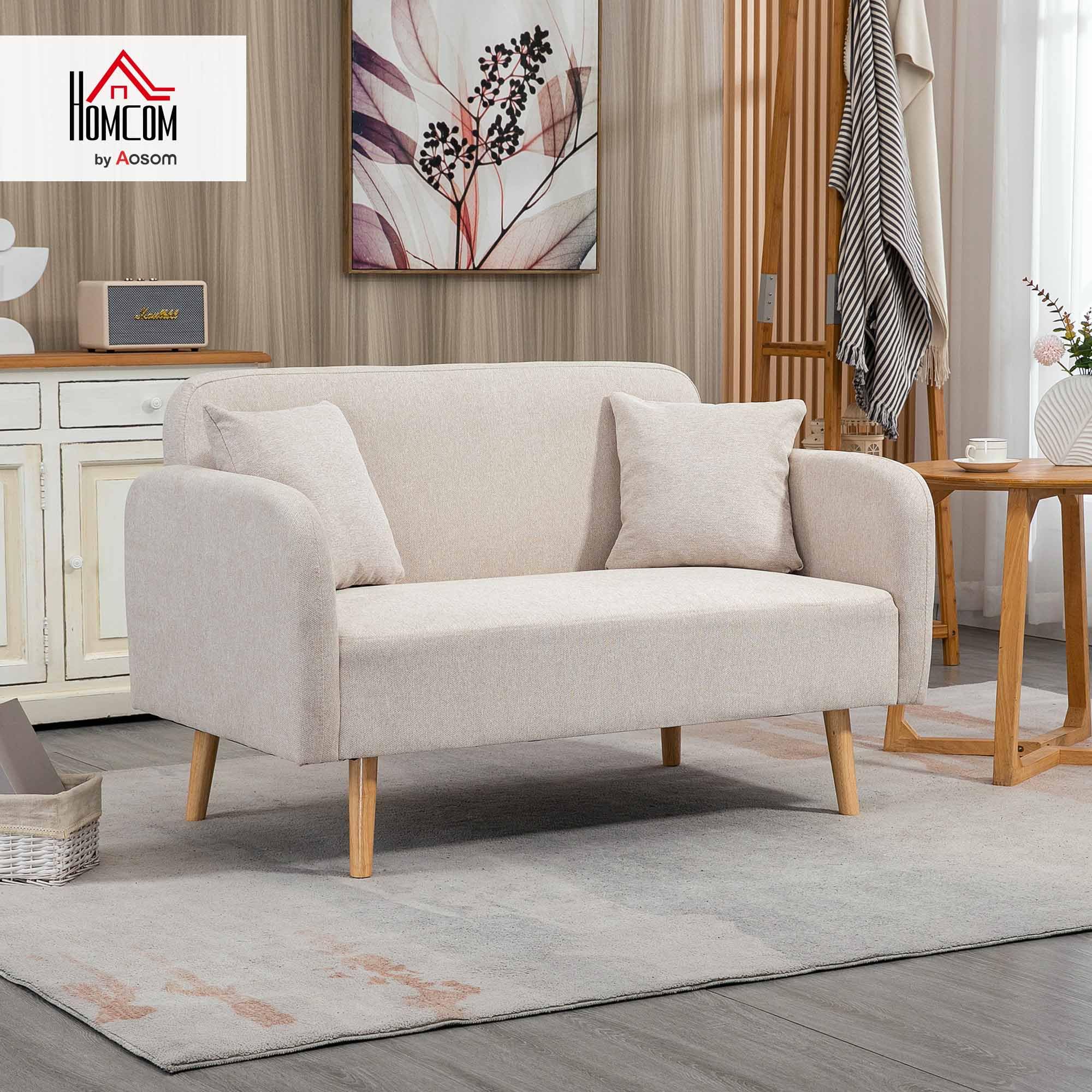 HOMCOM Sofa 2 Sitzer Couch mit 2 Wurfkissen Samtopik Creme 130 x 70 x 80 cm | Kleine Loveseat, Modern Polstersofa, Wohnzimmer, Schlafzimmer, Kleinen Raum