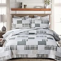 GreenEssen Grey White Plaid King Size Quilt - Lightweight Breathable Patchwork Bedspread, Soft All-Season Coverlet with Pillow Shams