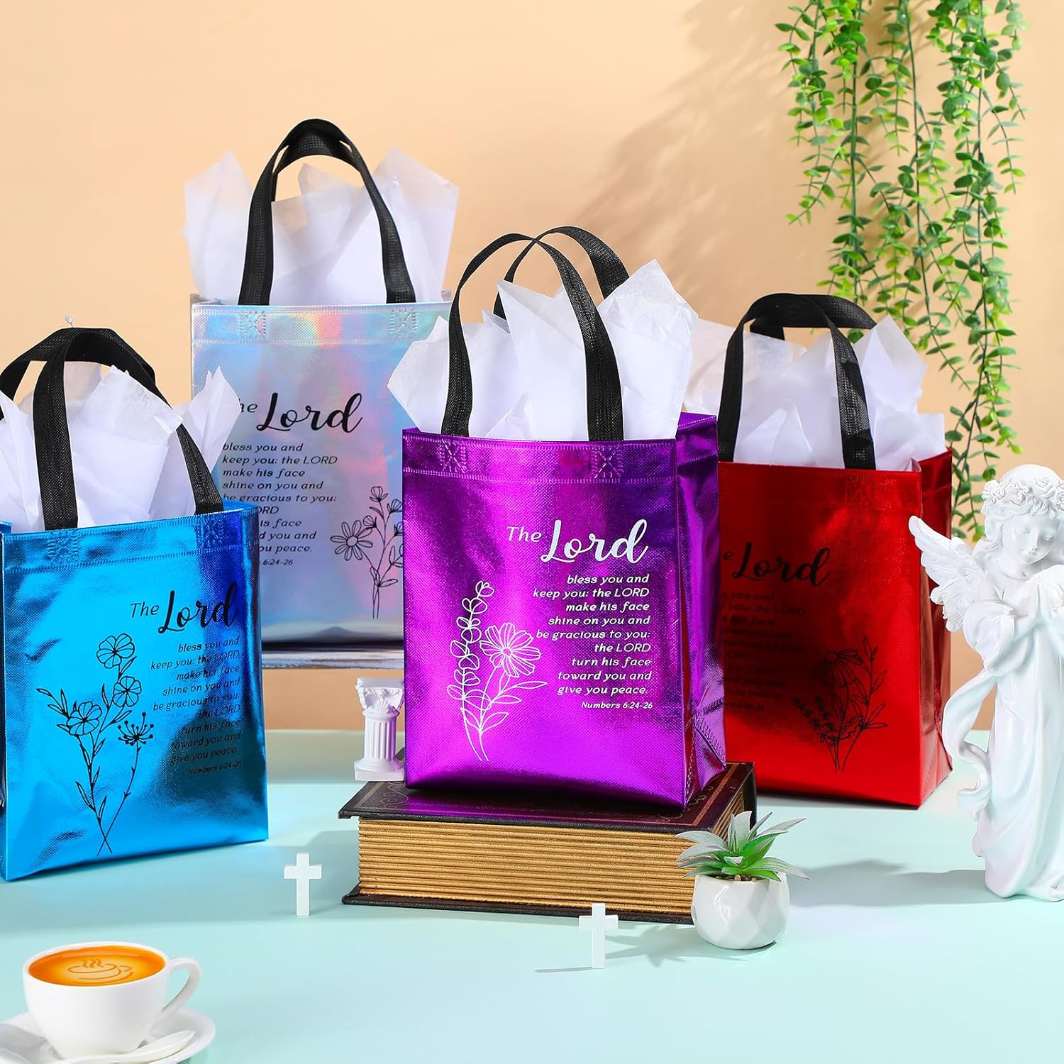 Sweetude 50 Set Christmas Christian Gifts Bags with Tissue Paper, Medium Bible Verse Totes, Reusable Non-woven Holiday Religious Gift Bags for Church Welcome, Christmas Exchange - Image 5