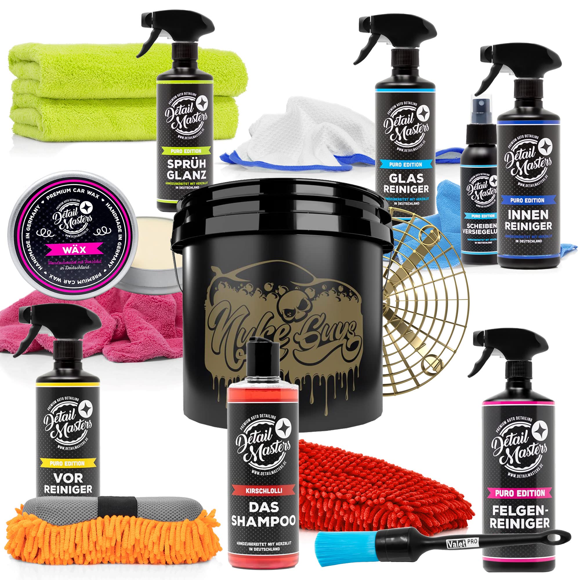 Detailmate Auto cura Set – DetailMasters – Detergente per la cura dei cerchioni, auto-shampoo, secchio per la pulizia del vetro, sigillante, pulizia interna