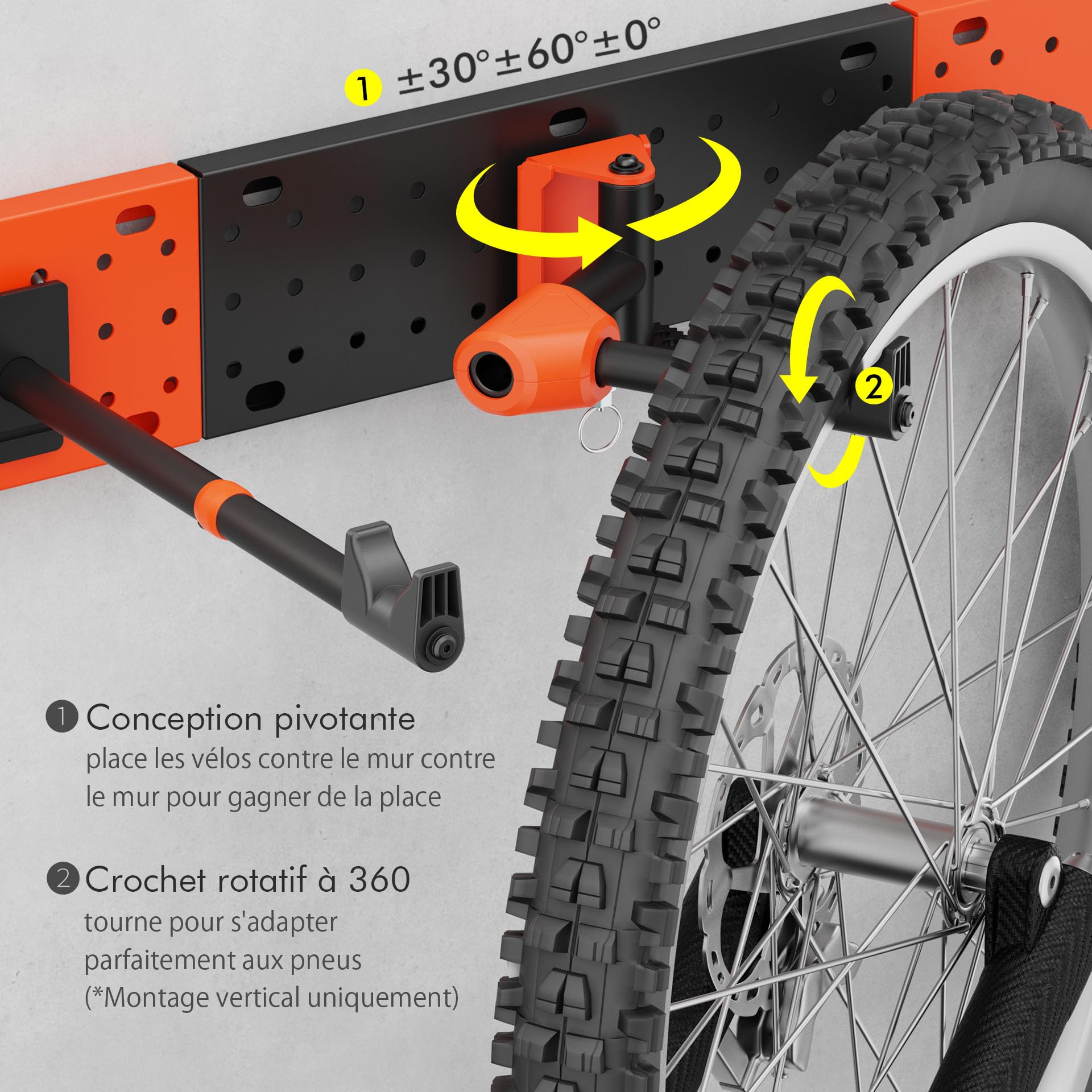 Mimoke Support mural pour vélo, réglable verticalement et horizontalement, capacité de charge jusqu'à 30 kg, panneau perforé avec crochet à outils, peu encombrant, pliable, VTT, vélo de route