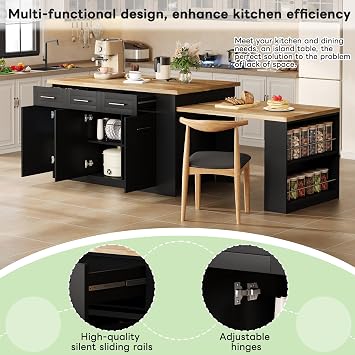 Kitchen Island with Extendable Dining Table for Dining, Black