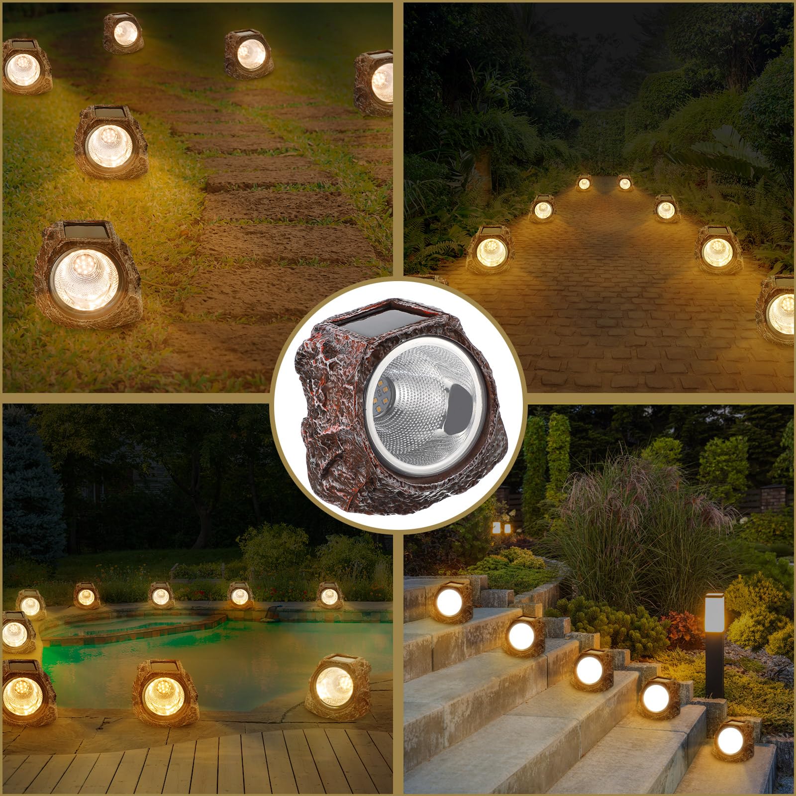 VIHOSE 6 luci a energia solare a 10 LED, impermeabili, da giardino, in pietra, per paesaggistica esterna, decorative per esterni, per cortile, strade, cortile, patio paesaggio