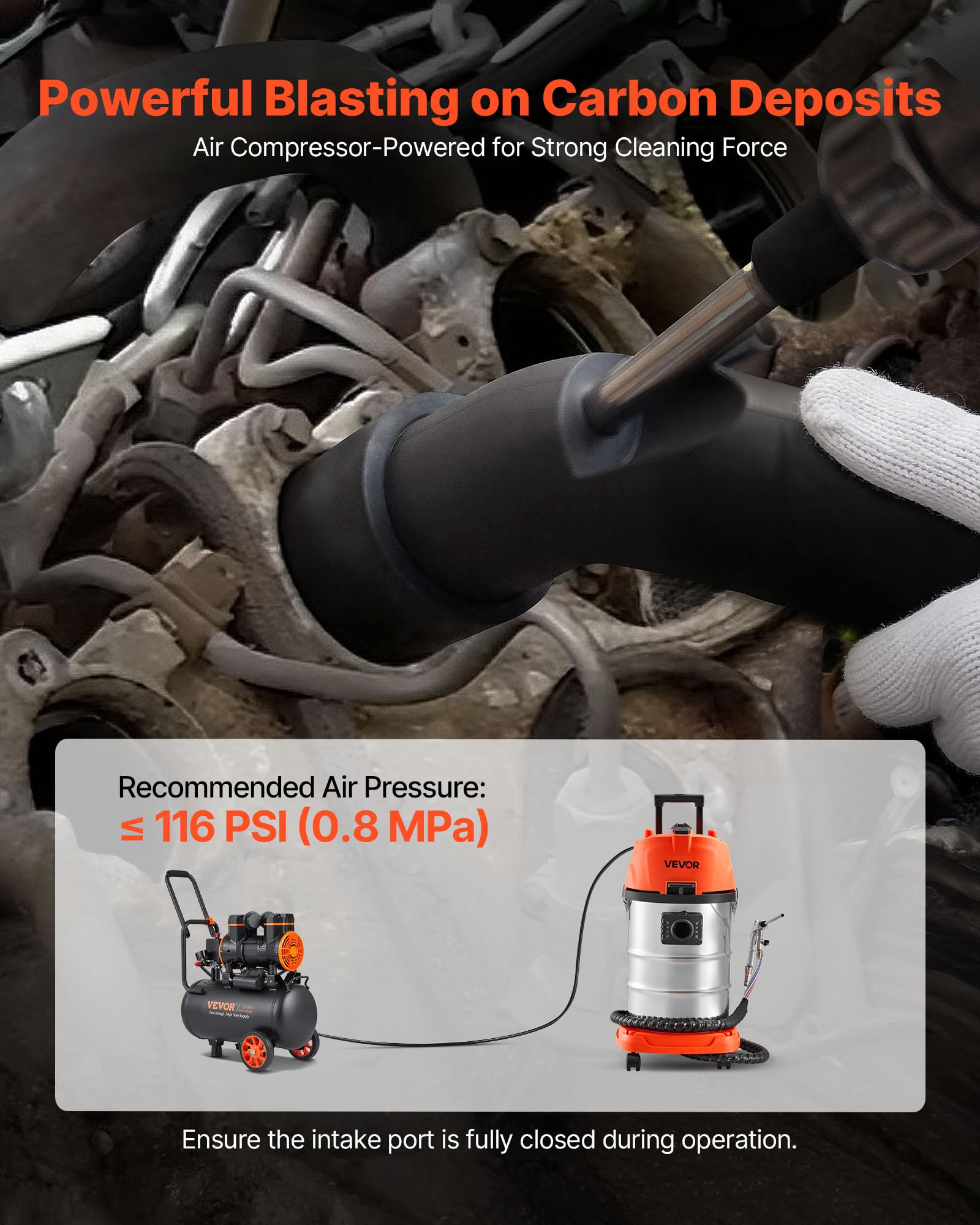 VEVOR Máquina de Chorro de Arena de Nuez 1600 W Tanque de 30 L, Máquina de Limpieza de Válvulas y Colectores de Admisión, con 2,5 kg de Cáscara de Nuez y 23 Adaptadores para Motores de Automóviles