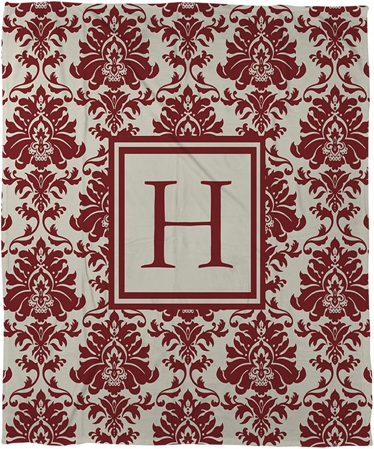 Manual Woodworkers & Weavers Coral Fleece Throw, 60 by 80-Inch, Monogrammed Letter H, Crimson Damask